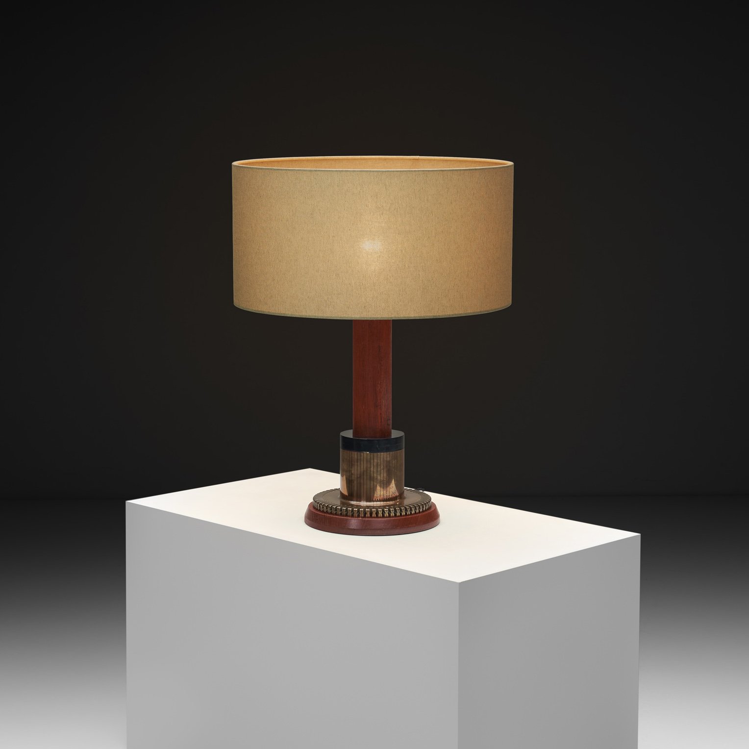 Wooden Table Lamp with Brass and Black Metal Ornamental Base, Europe ca 1950s