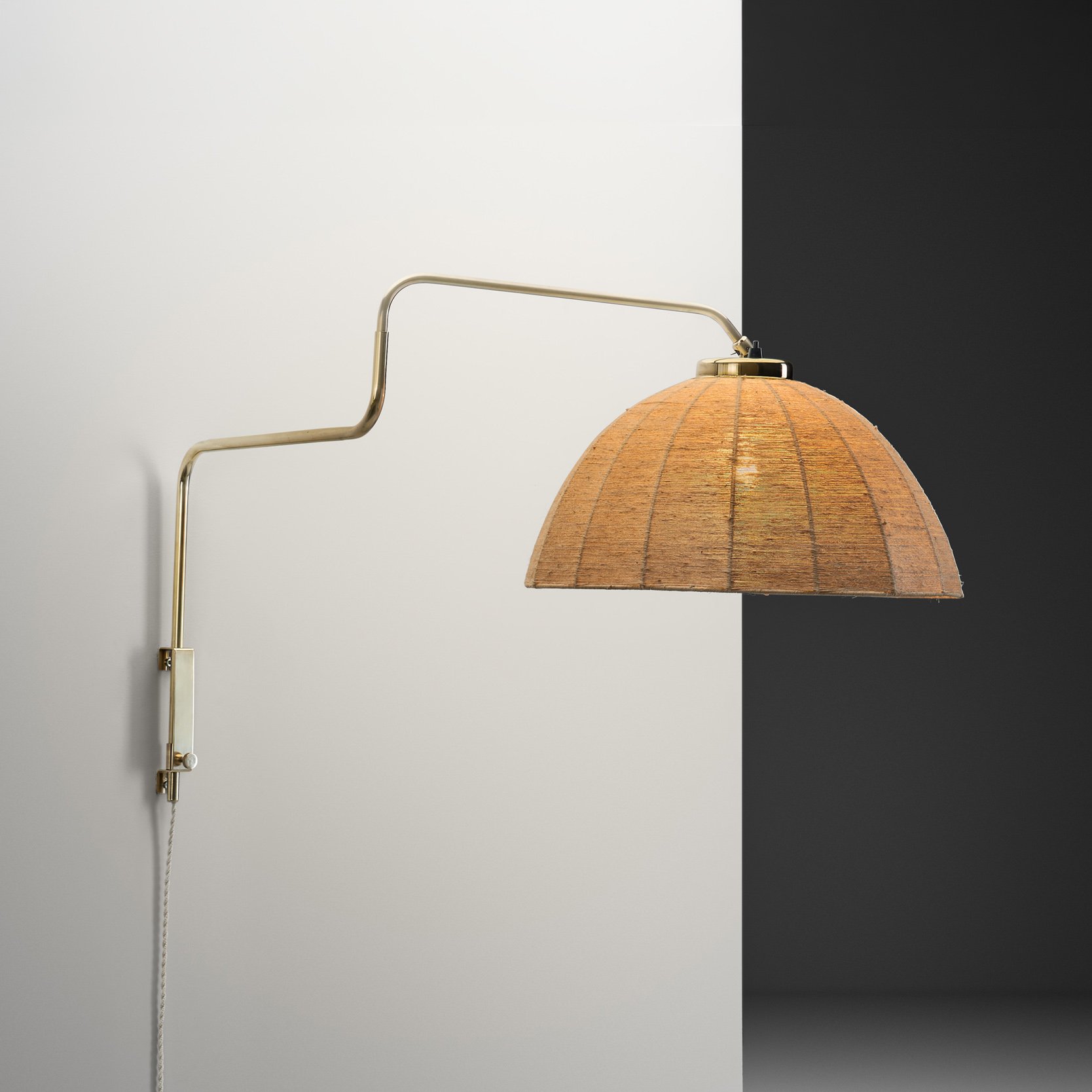 Brass Wall Lamp with Woven Dome Shade for Valinte, Finland Mid-20th Century