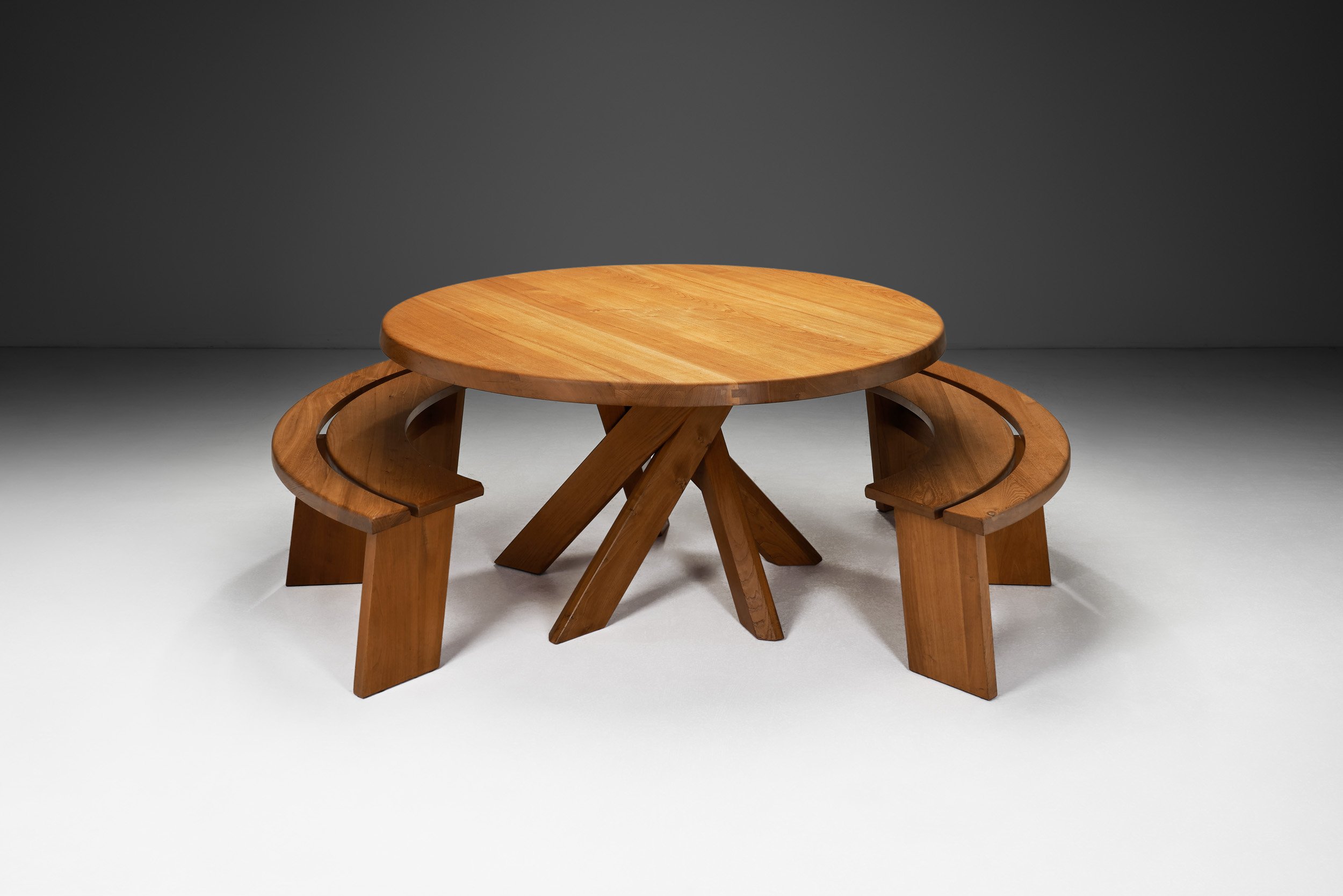 Pierre Chapo "SFAX T21 D" Dining Table and Pair of "S38A" Benches in Solid Elm, France 1970s (sold)