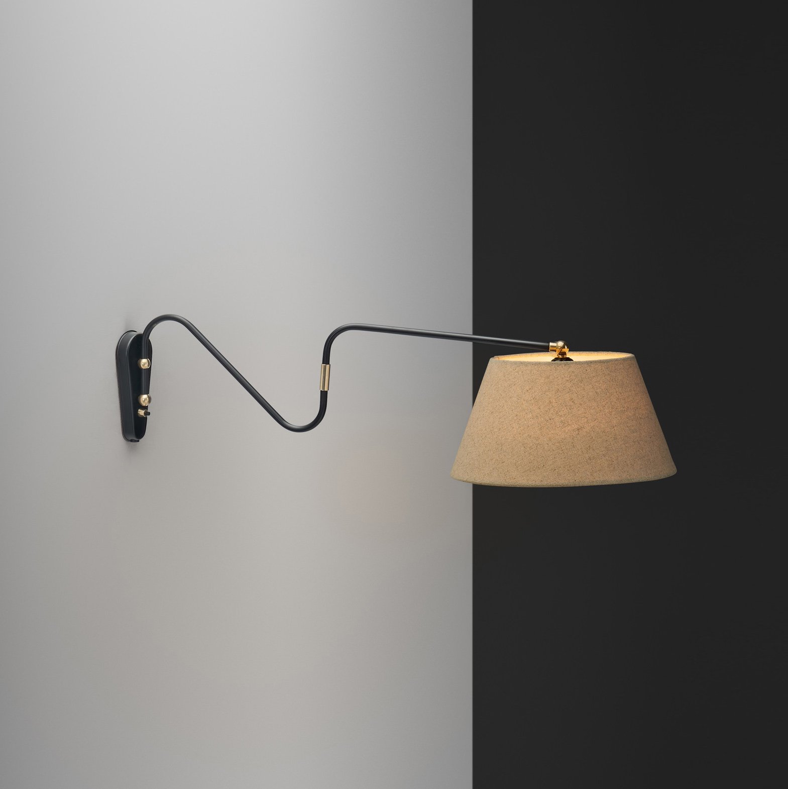 Brass and Black Lacquered Metal Wall Lamp, Denmark ca 1950s
