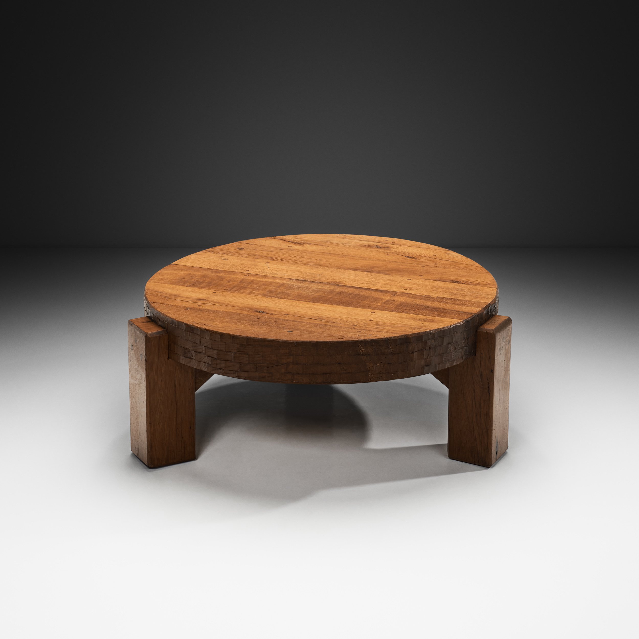 Brutalist Oak Coffee Table with Chiseled Side Pattern, The Netherlands 1970s