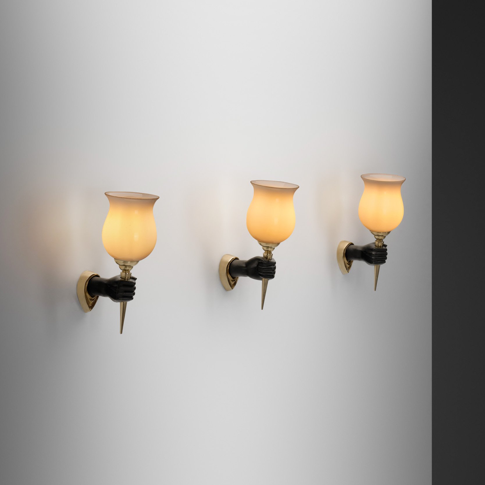 Set of Three John Devoluy (Attr.) Bronze and Opaline Glass Wall Lamps, Europe First half of the 20th Century