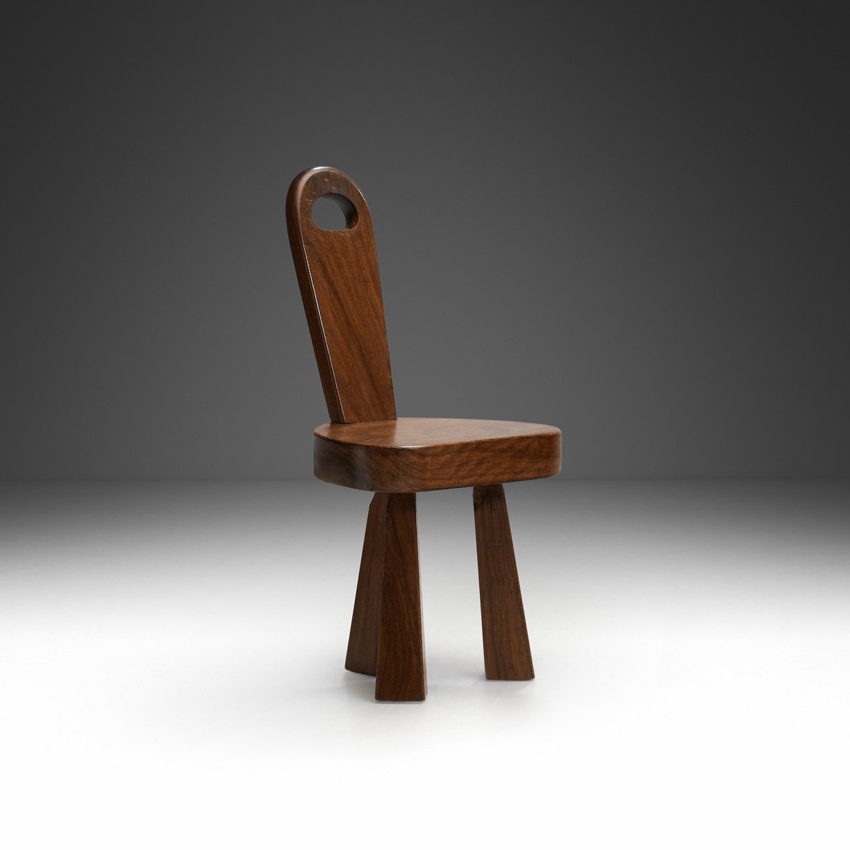 Brutalist Solid Wood Low Tripod Chair, France 1960s