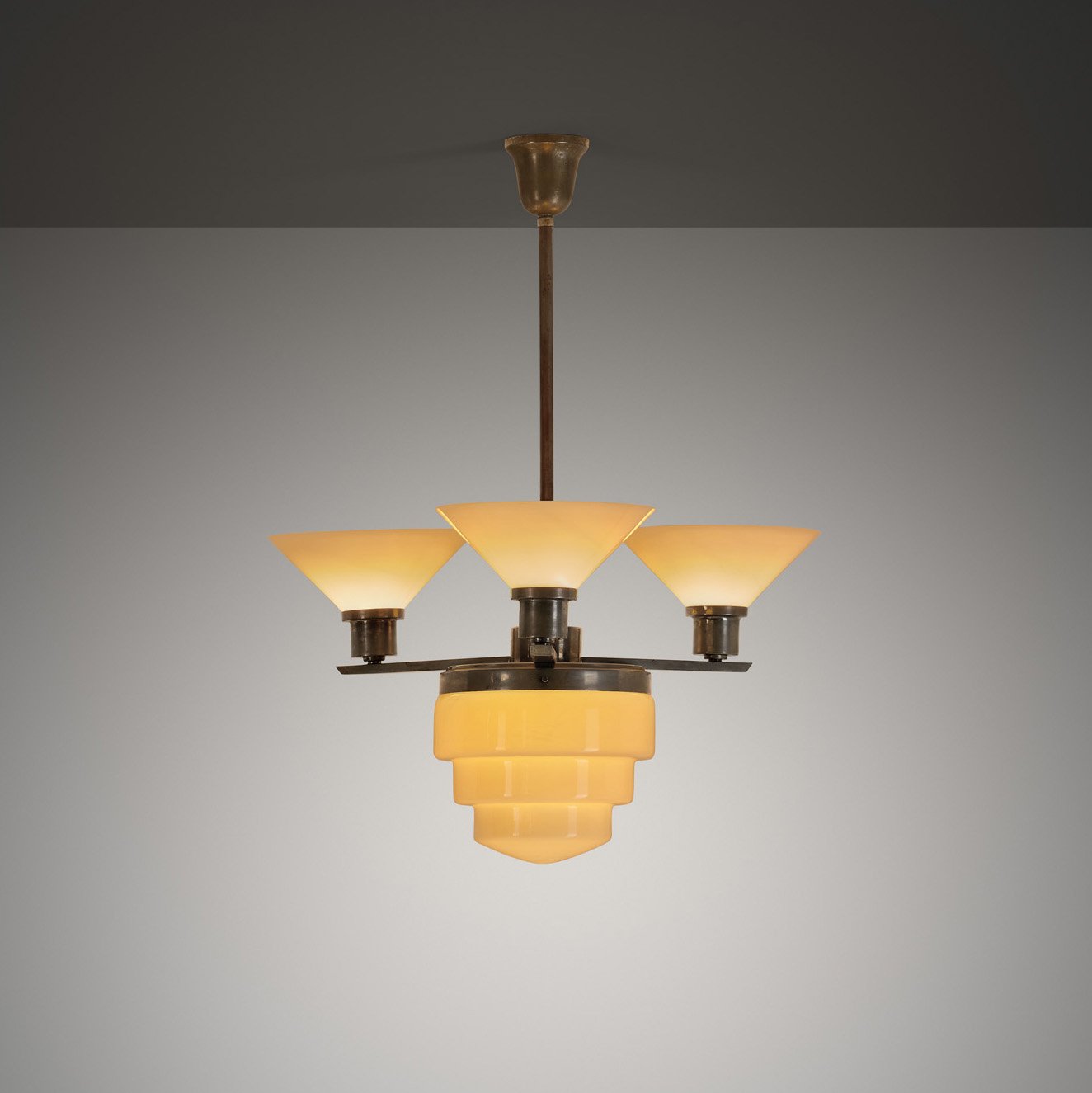 Three-Arm Metal and Opal Glass Chandelier with Stepped Shade, Europe 1930s