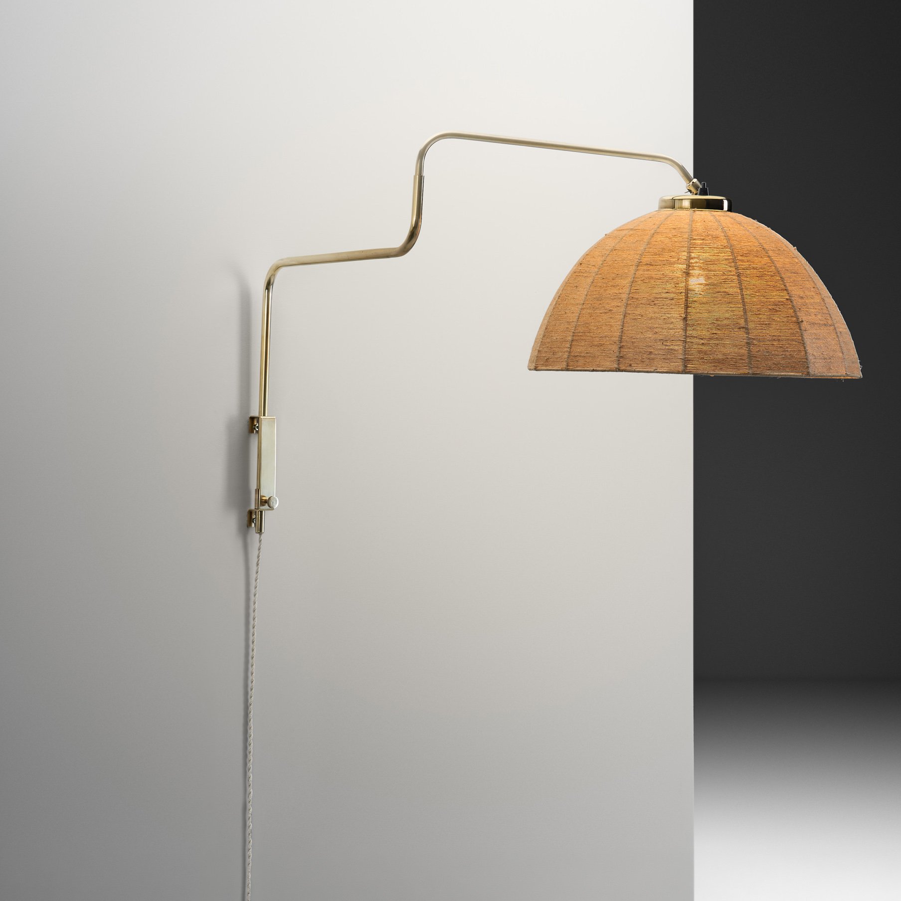 Brass Wall Lamp with Woven Dome Shade for Valinte, Finland Mid-20th Century