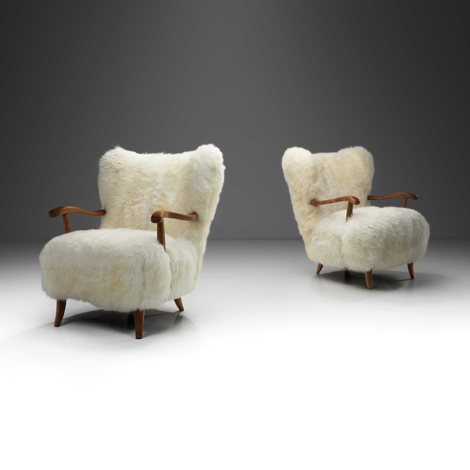 Pair of Wingback Armchairs in Sheepskin, Europe 20th Century