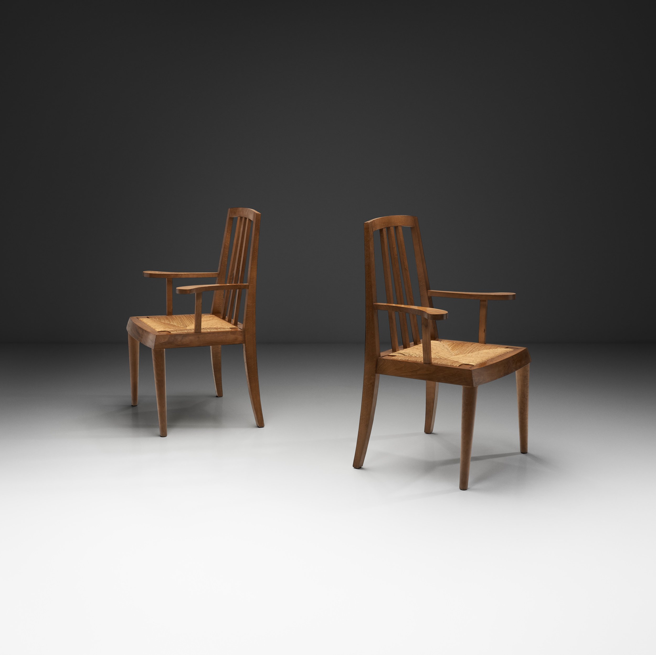 French Mid-Century Modern Armchairs with Rush Seats, France 1960s