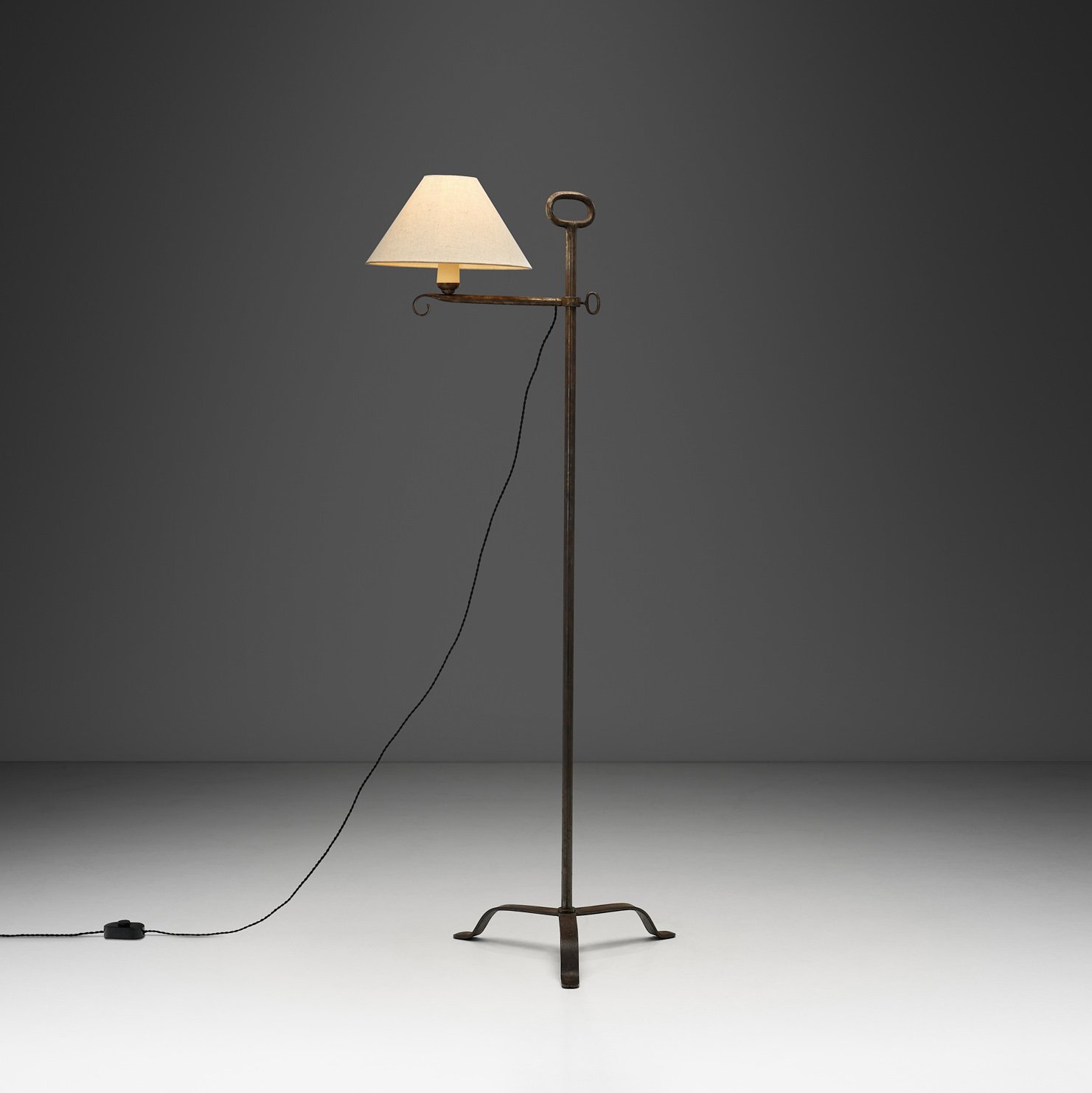 Wrought Iron Adjustable Floor Lamp with Spiral Detailed Arm, Europe Mid-20th Century (sold)