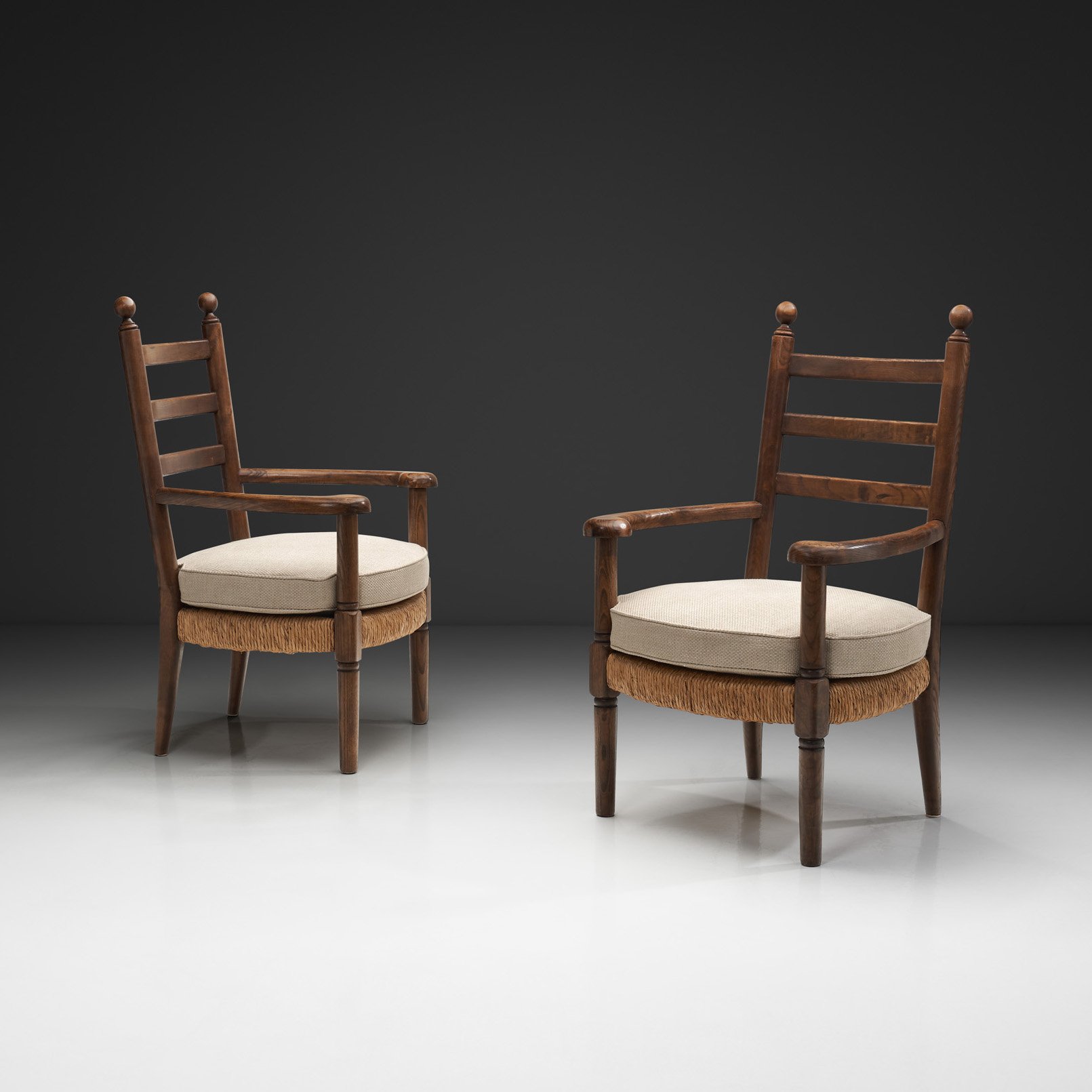 Pair of Wooden Armchairs with Upholstered Seats in the manner of Charles Dudouyt, Europe First Half of 20th Century