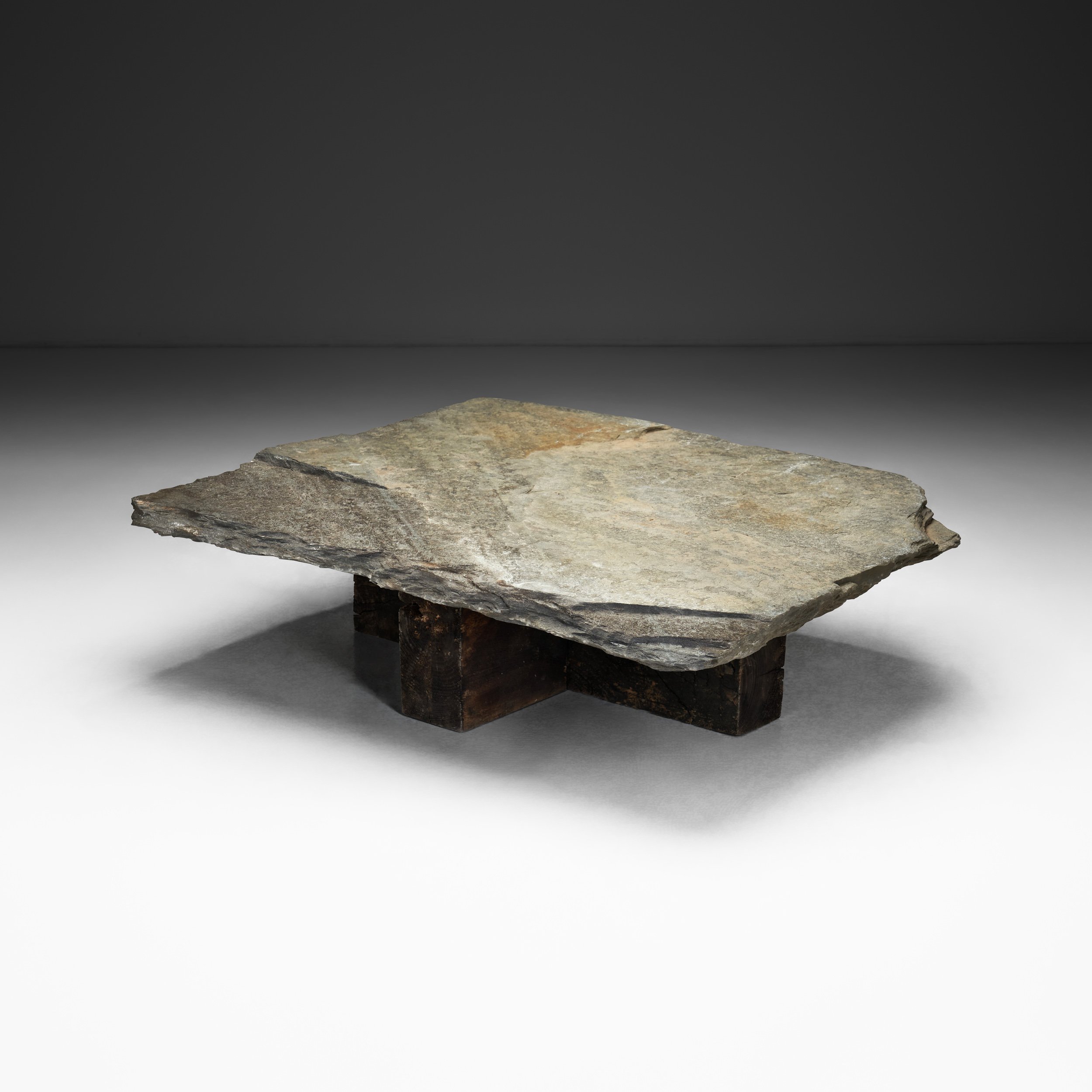 Low Brutalist Coffee Table with Slate Tabletop, Spain 1970s (sold)