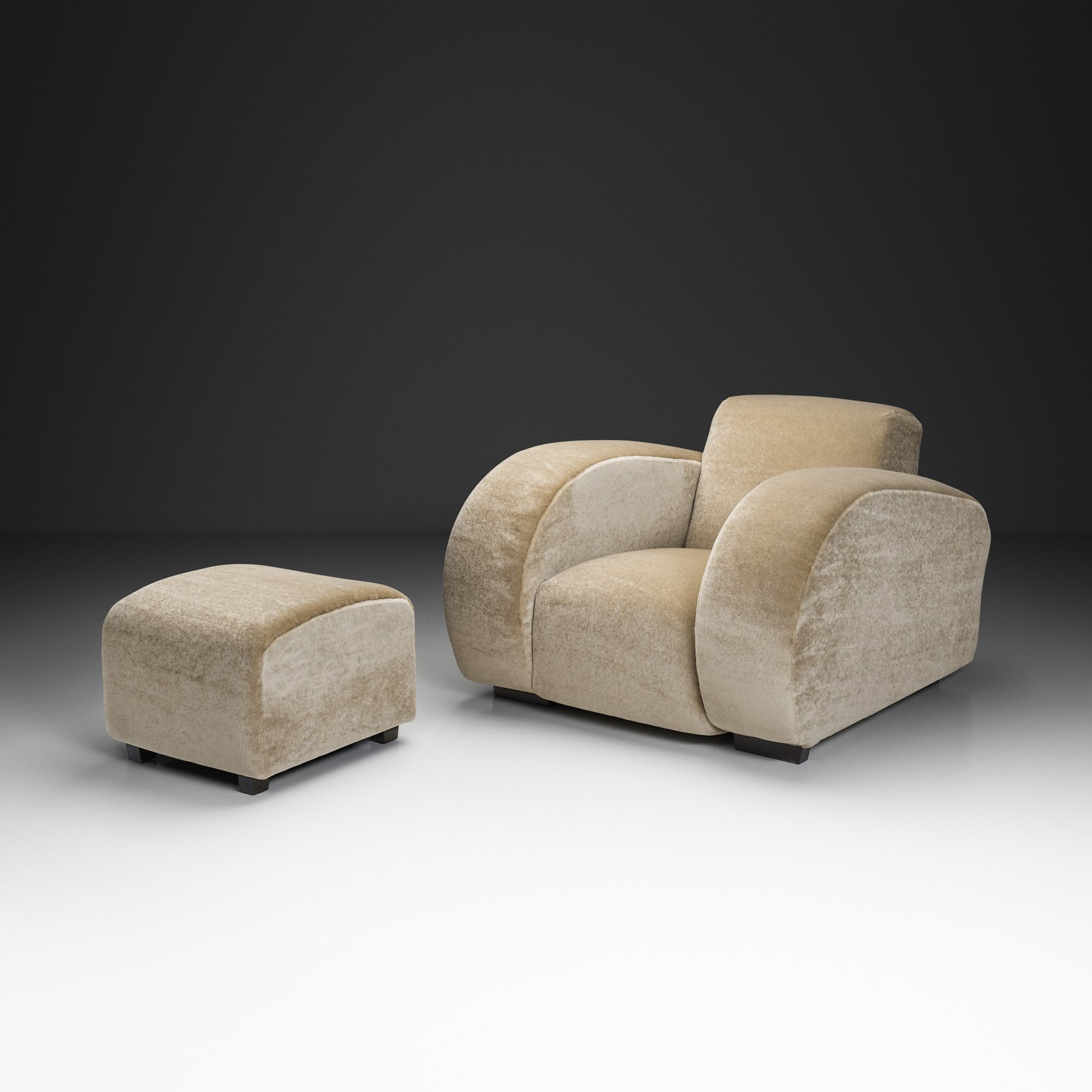 Art Deco Club Chair with Rounded Arms and Ottoman, Europe First half of the 20th Century