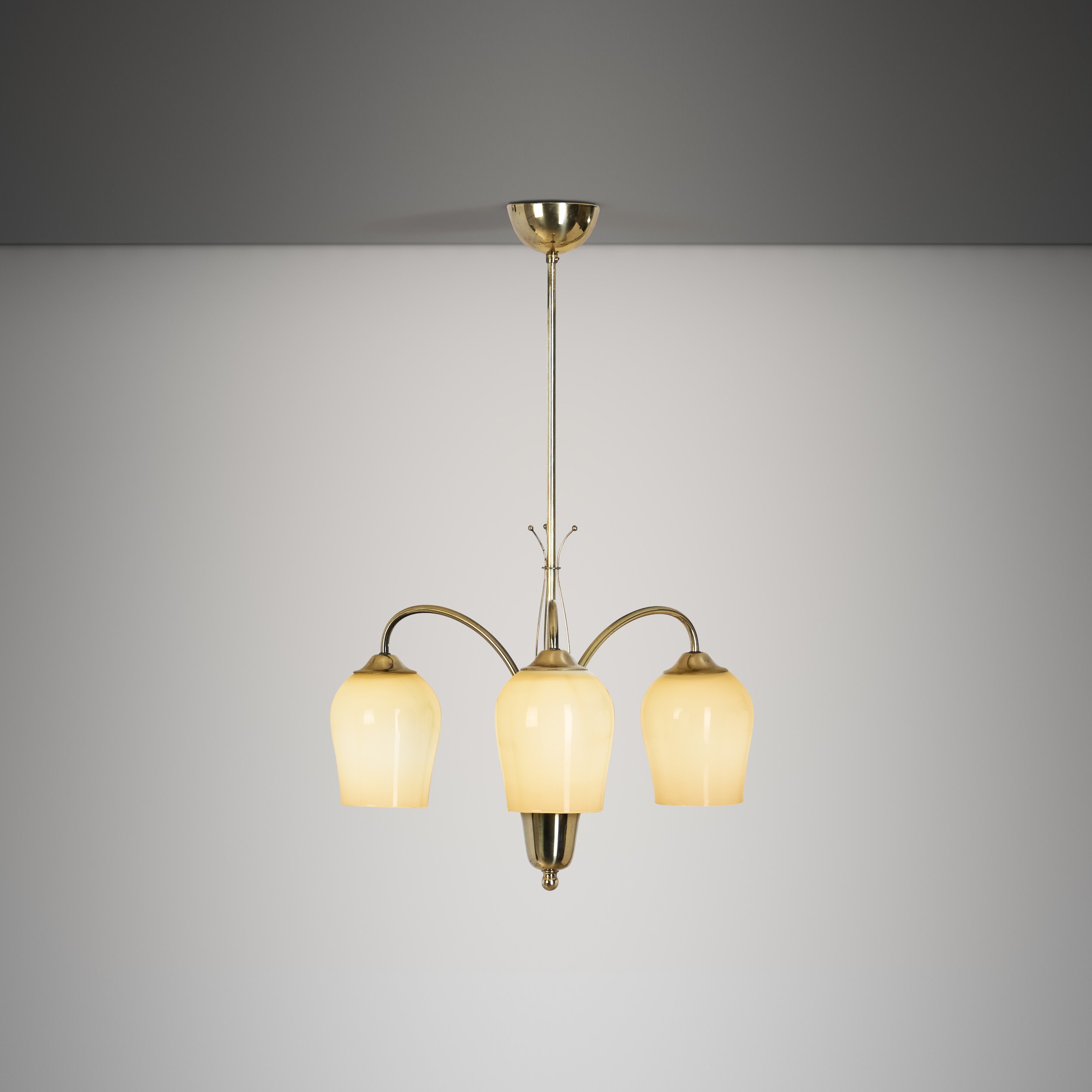 Opal Glass and Brass Chandelier by Itsu, Finland Mid-20th Century