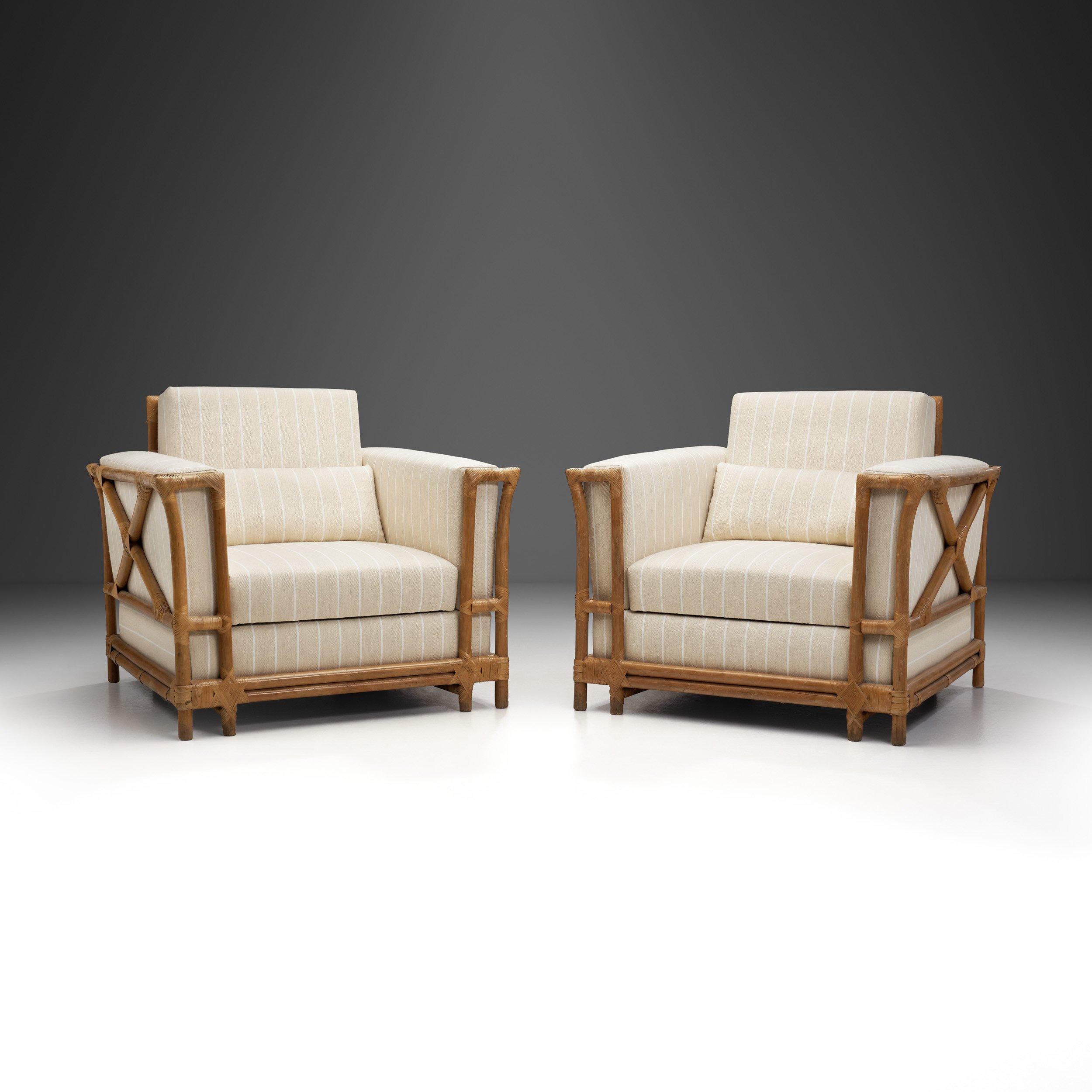 Pair of Bamboo Armchairs by Gasparucci Italo in Striped Upholstery, Italy circa 1970s