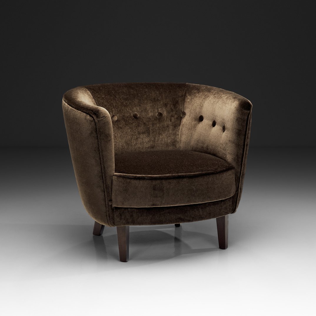 Dark Brown Armchair with Stained Beech Legs, Denmark ca 1940s
