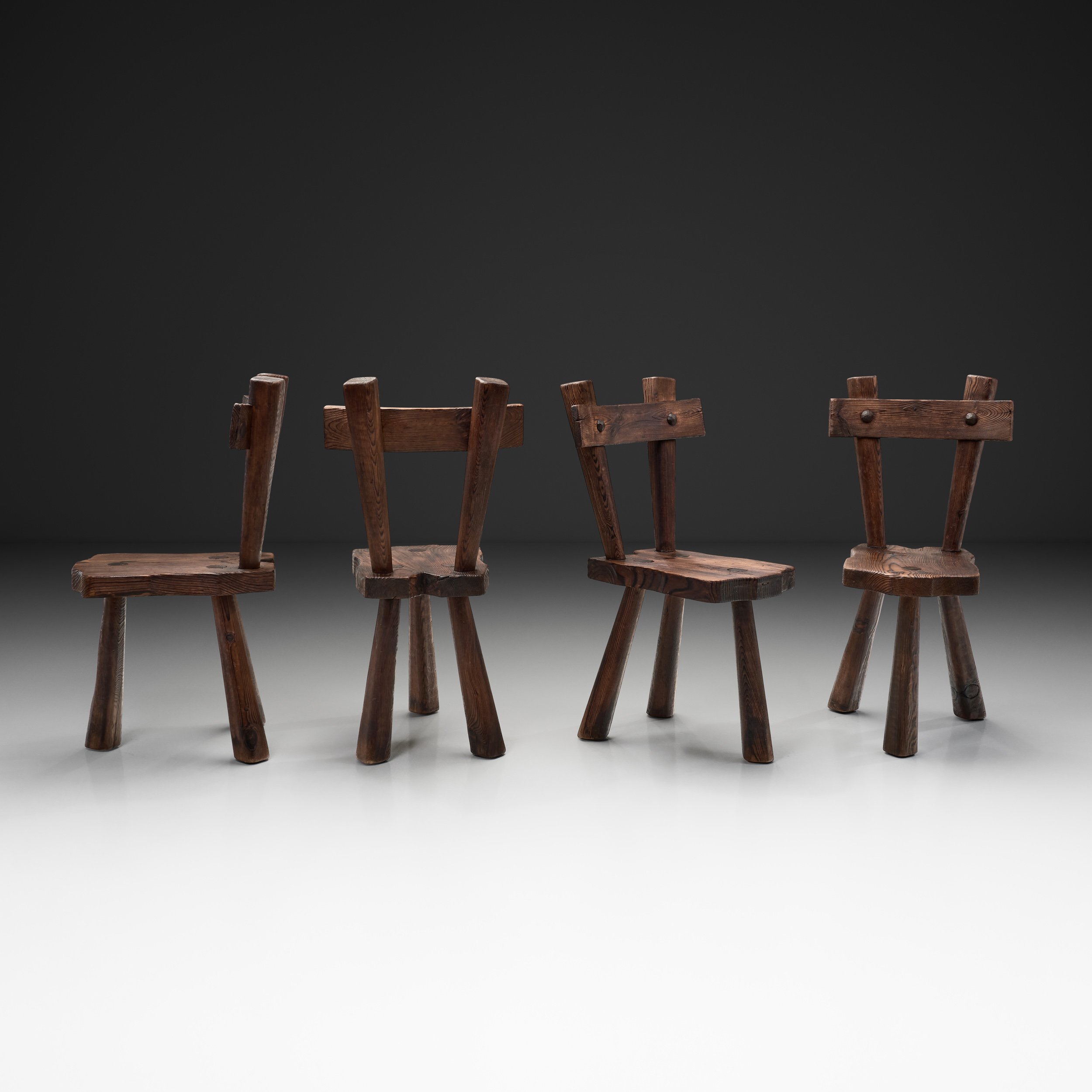 Set of Four Sculptural Pine Chairs, Europe Mid-20th Century