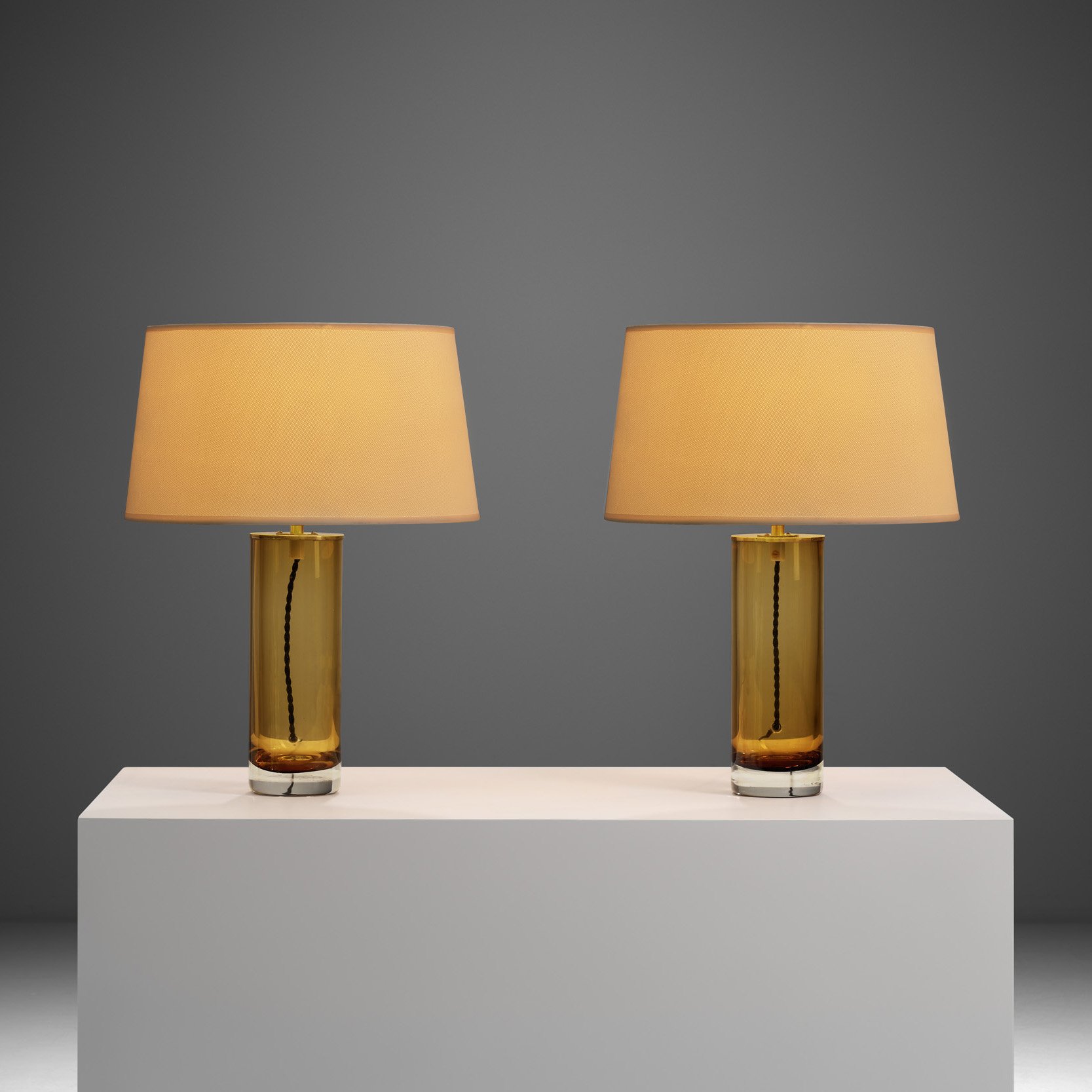 Pair of Amber Glass and Brass Table Lamps, Europe Mid-20th century (sold)