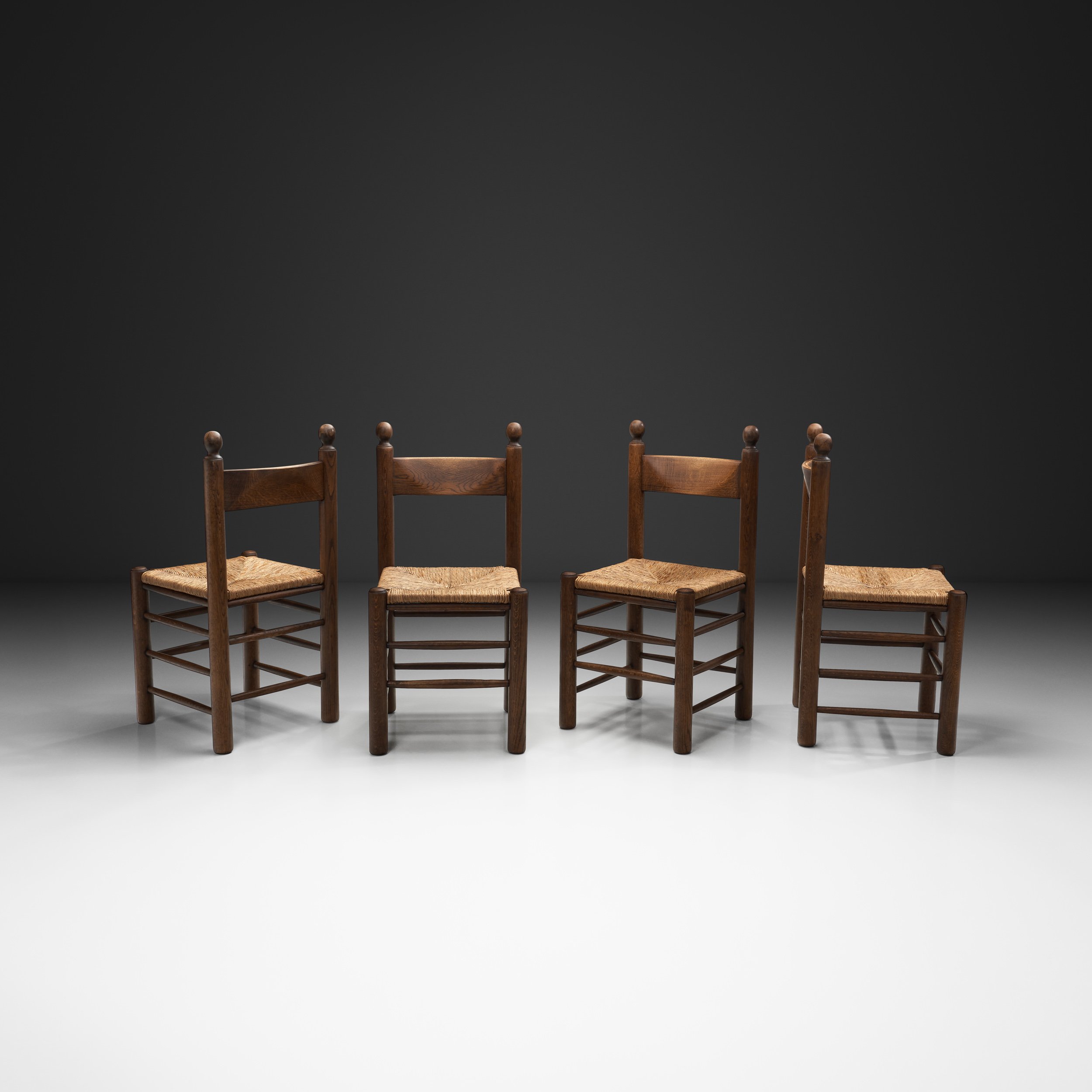 Set of Four Oak Dining Chairs with Rush Seats, France 1960s