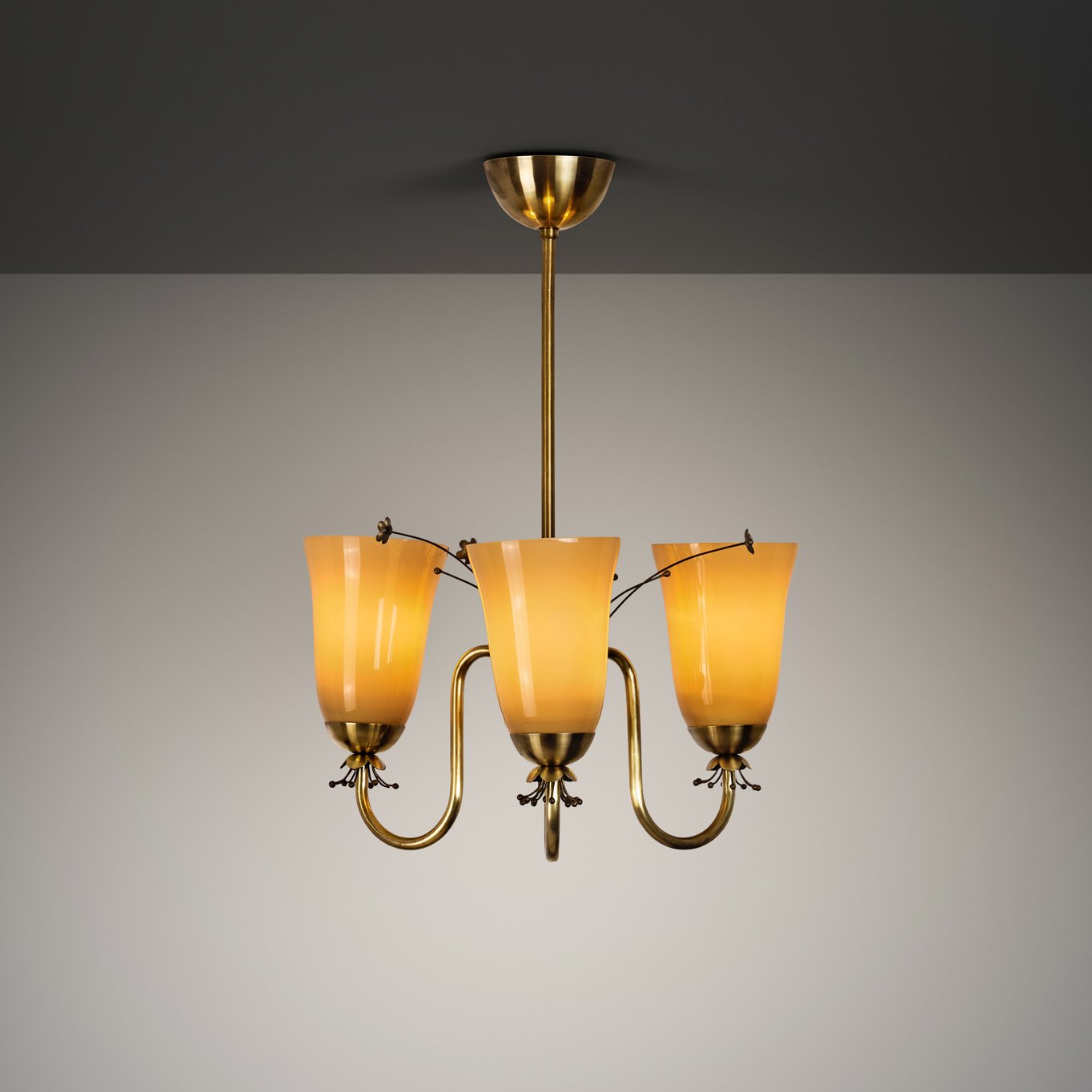 Brass Chandelier with Floral Decorations and Glass Shades for Idman, Finland 1950s