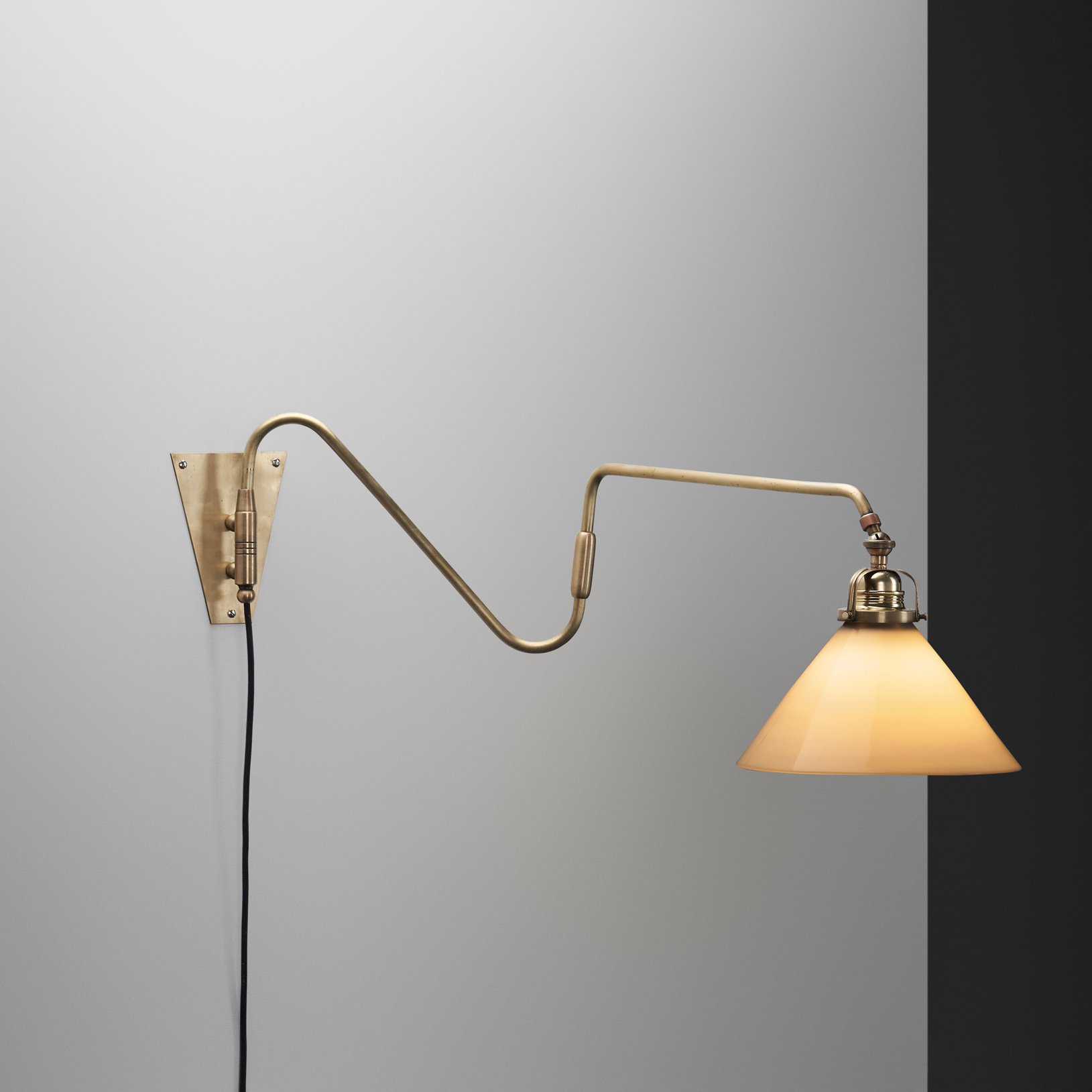 Adjustable Wall Light with Triangle Opal Glass Shade, Denmark ca 1950s
