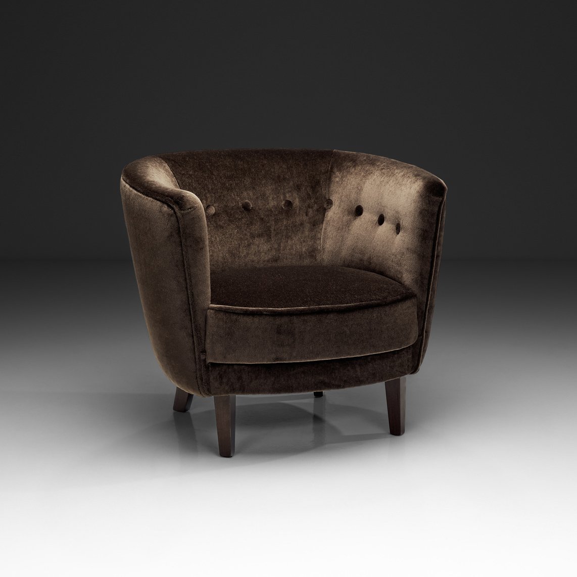 Dark Brown Armchair with Stained Beech Legs, Denmark ca 1940s