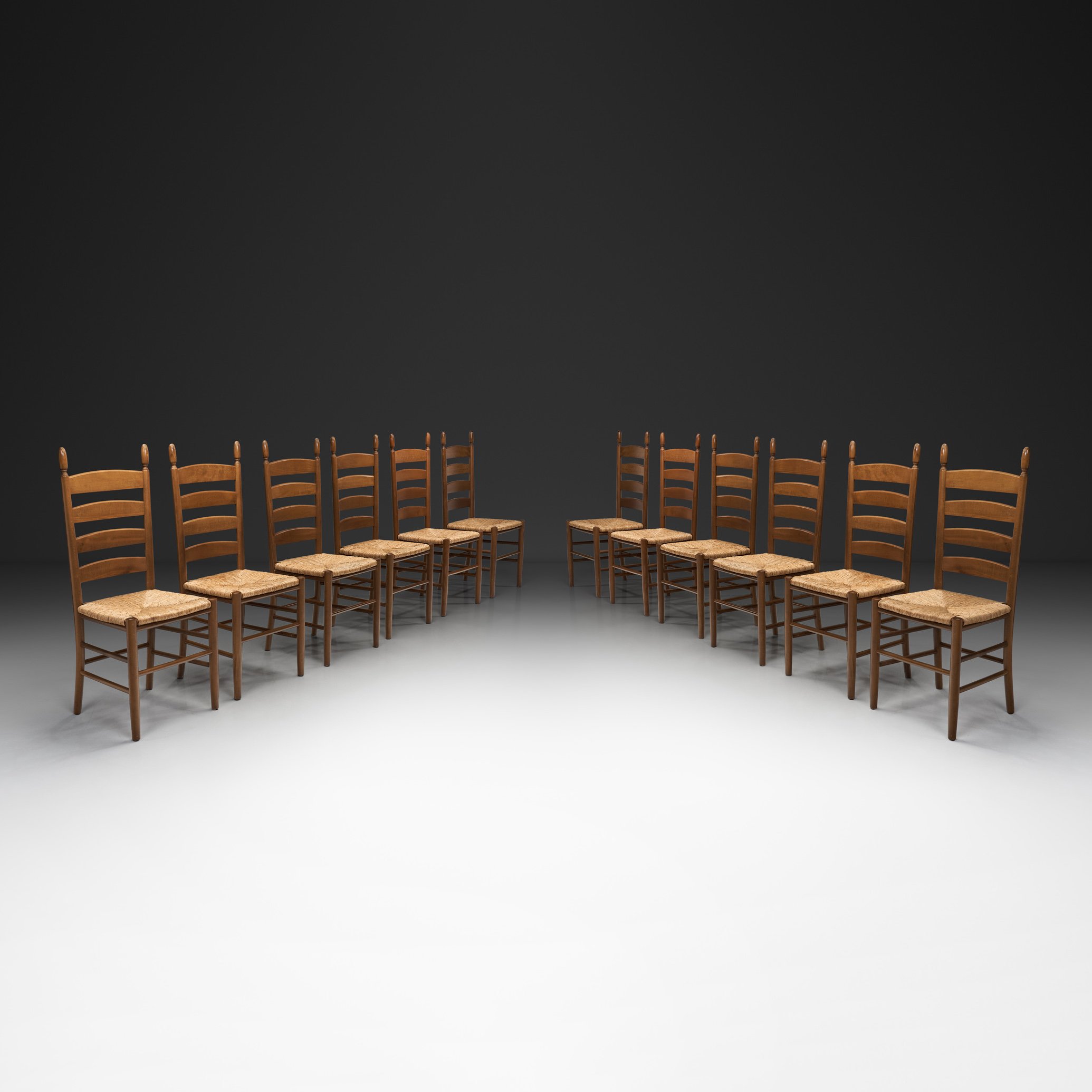 Set of Twelve Beech Ladderback Dining Chairs, Europe Mid-20th Century