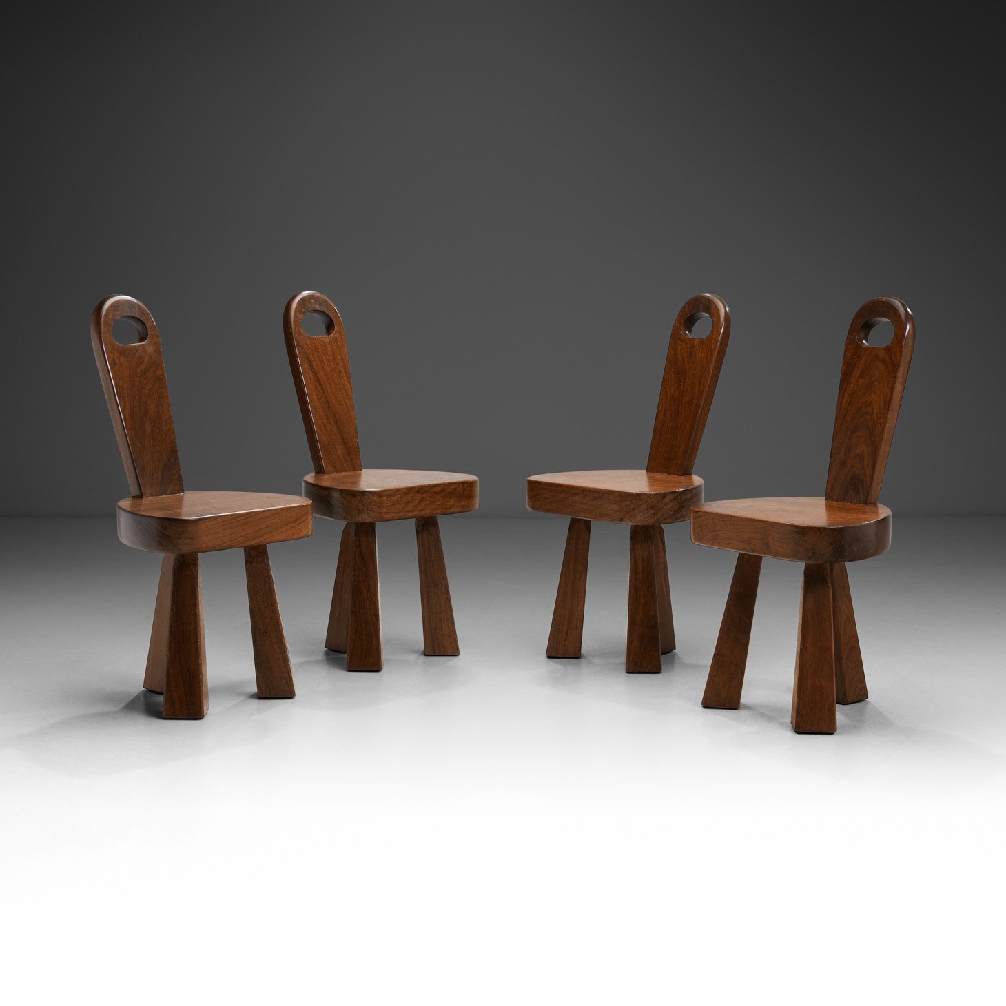 Set of Four Brutalist Solid Wood Low Tripod Chairs, France 1960s (sold)
