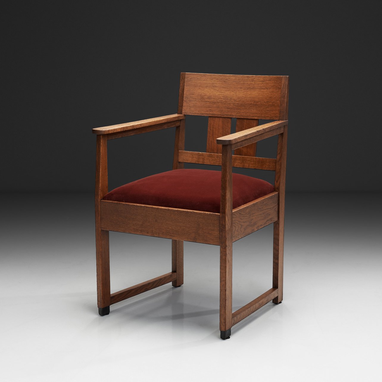 Haagse School Armchair with Red Upholstered Seat, The Netherlands First Half of the 20th Century