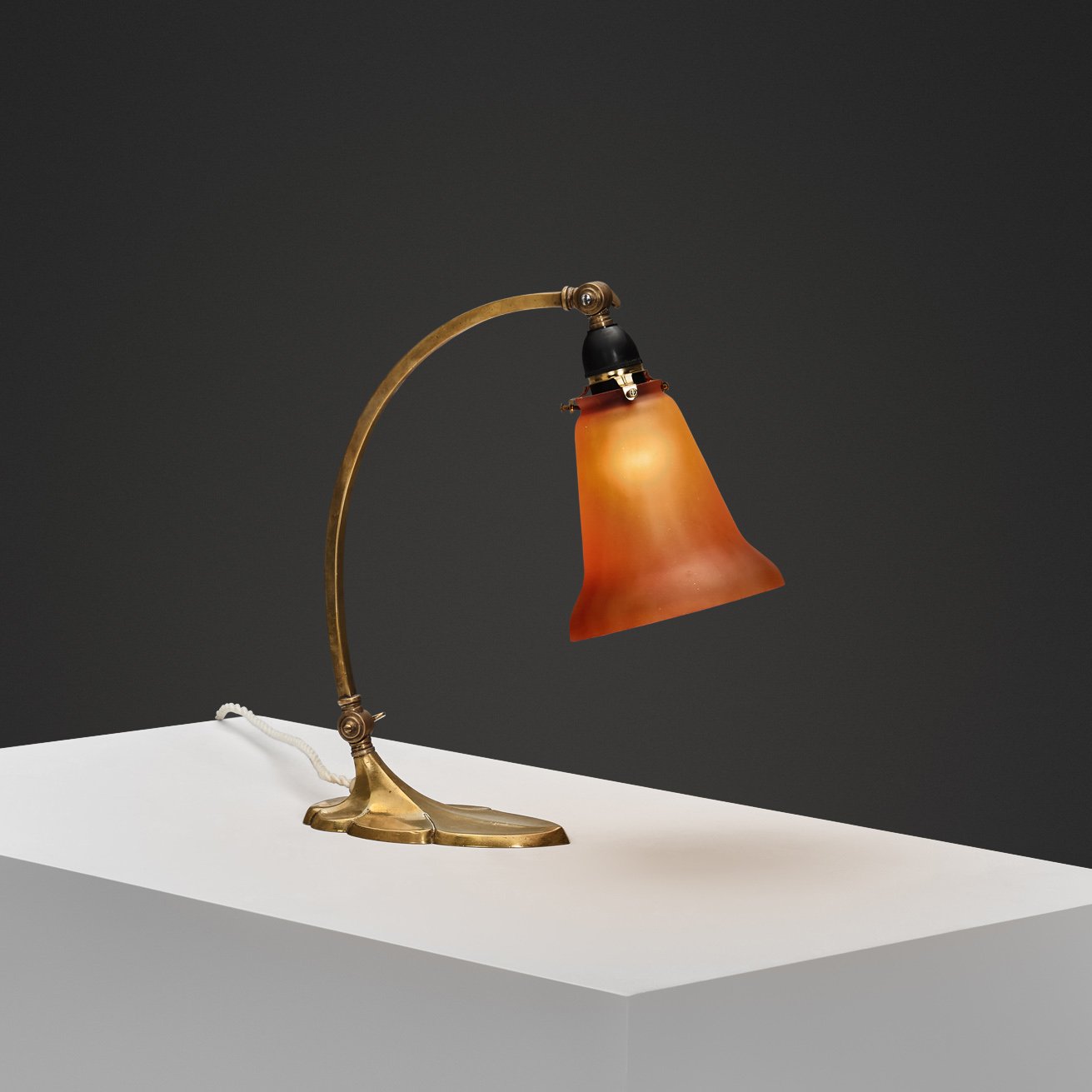 Brass Table Lamp with Leaf Base and Glass Shade for Lyfa, Denmark First Half of the 20th Century