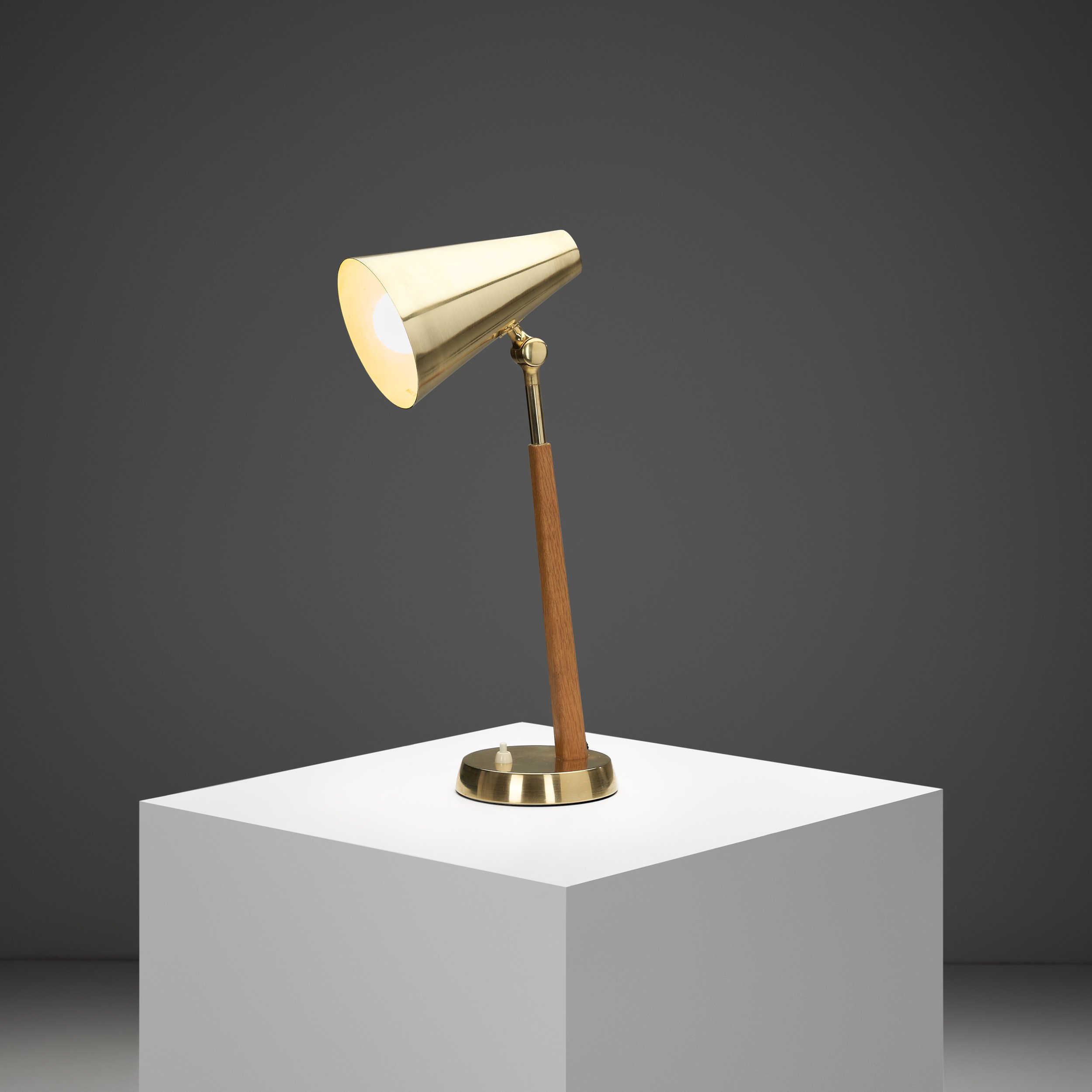 Model "6408" Brass and Oak Table Lamp by Falkenbergs, Sweden 1950s