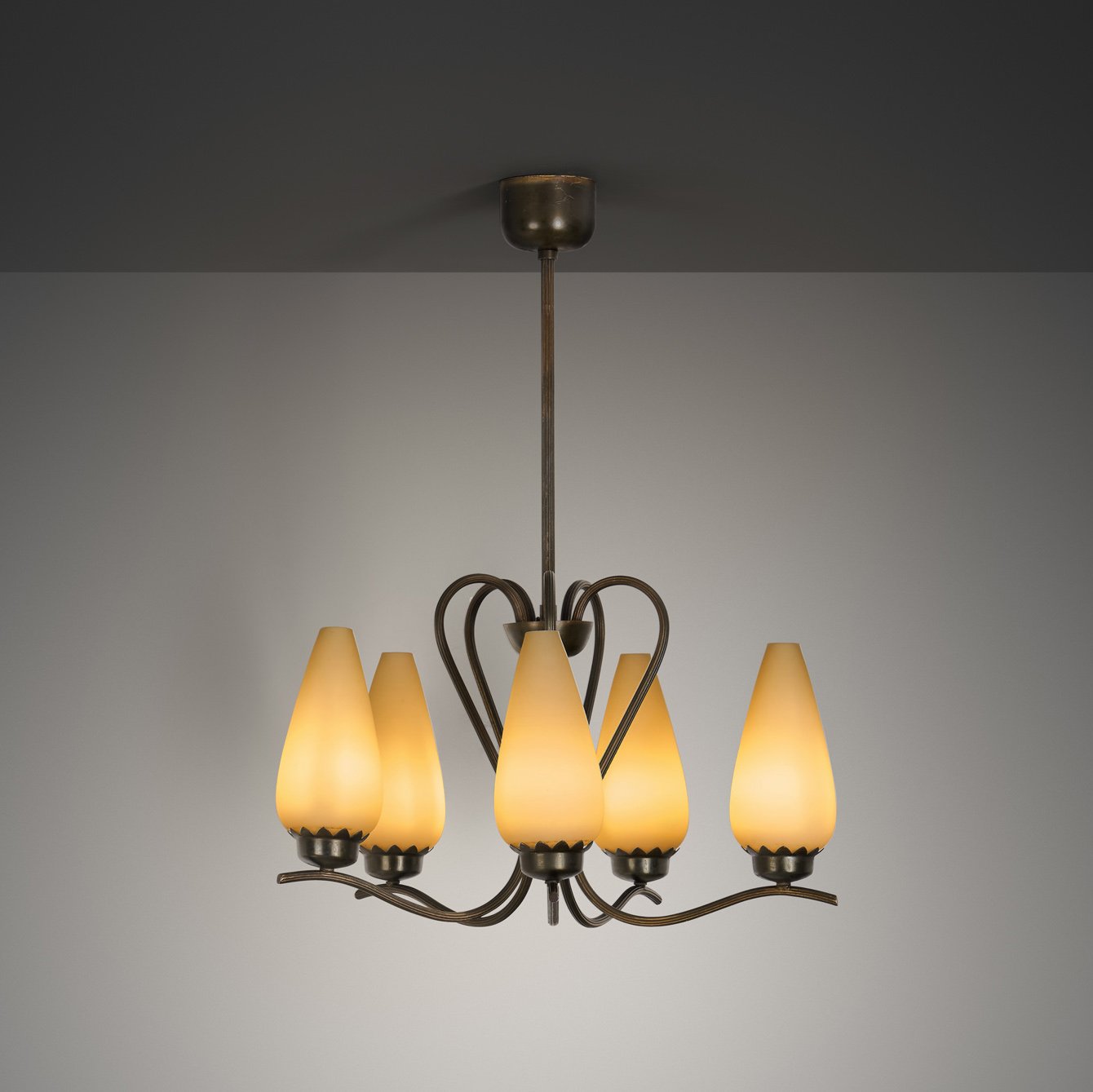 Modern Five-Armed Browned Brass Chandelier, Scandinavia Mid-20th Century