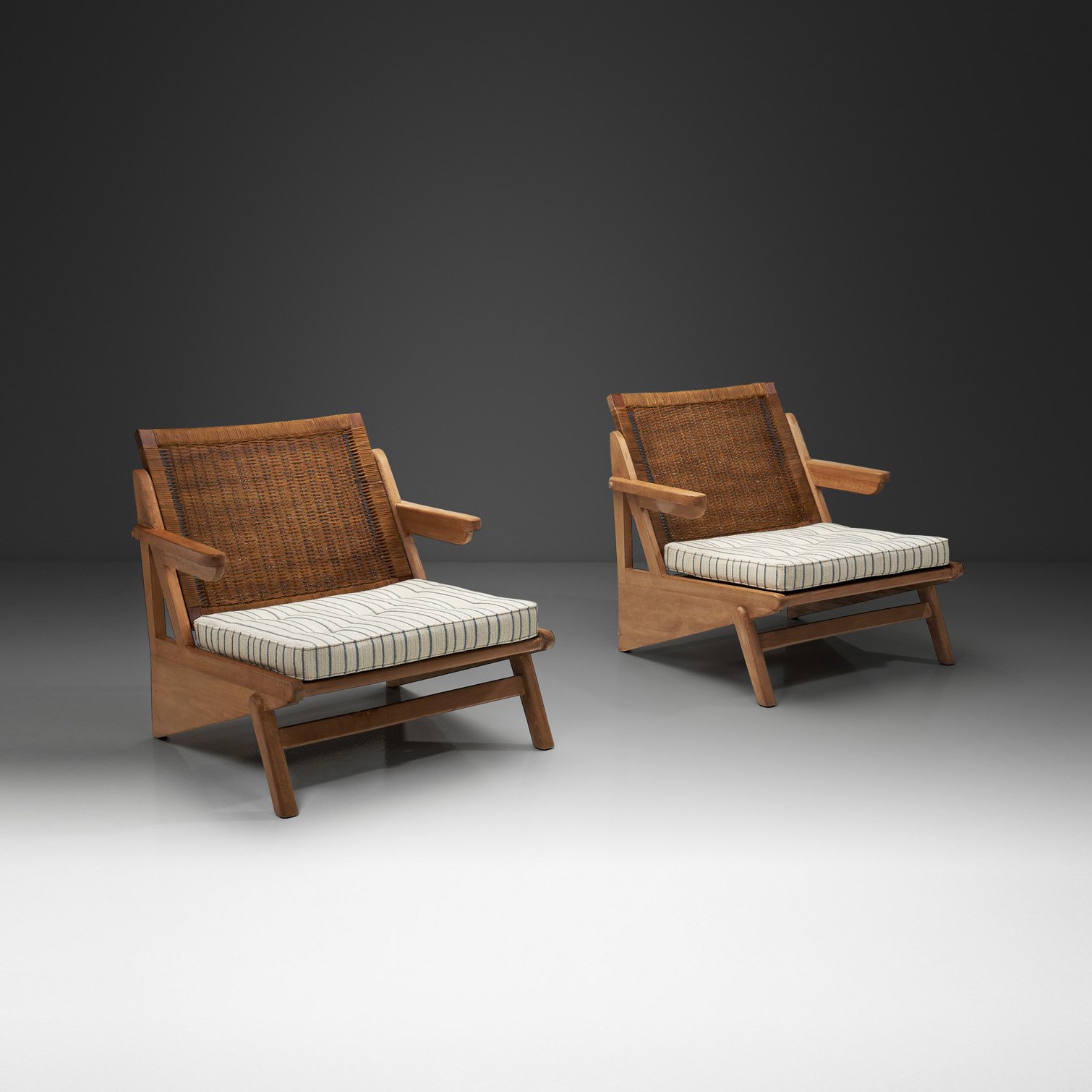 Pair of Sculptural Armchairs with Loose Seat Striped Cushions, Europe 20th Century