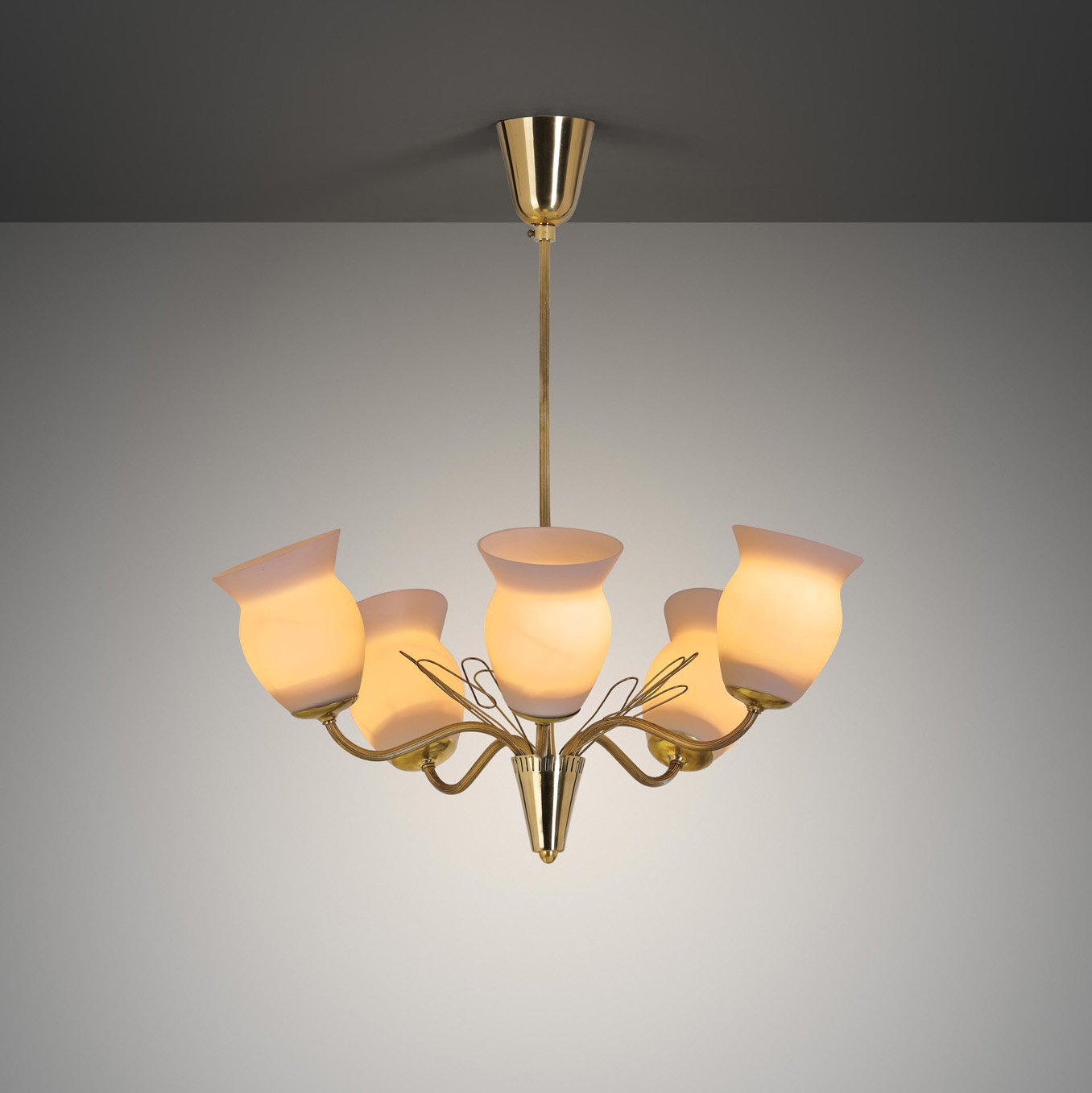 Brass and Opal Glass Chandelier by Idman Oy, Finland Mid-20th Century