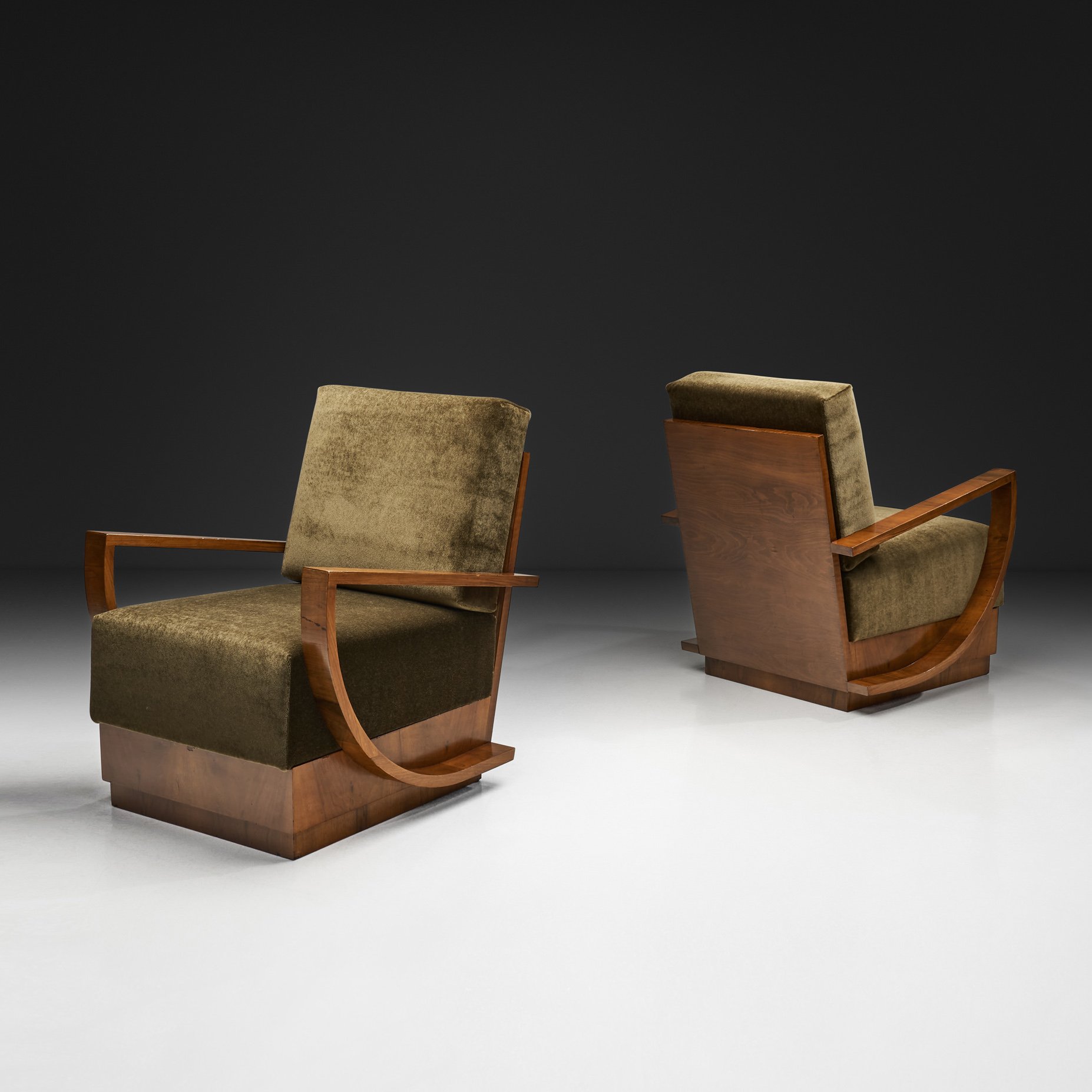 Pair of Art Deco Armchairs with Curved Wooden Arms, Europe First half of the 20th Century