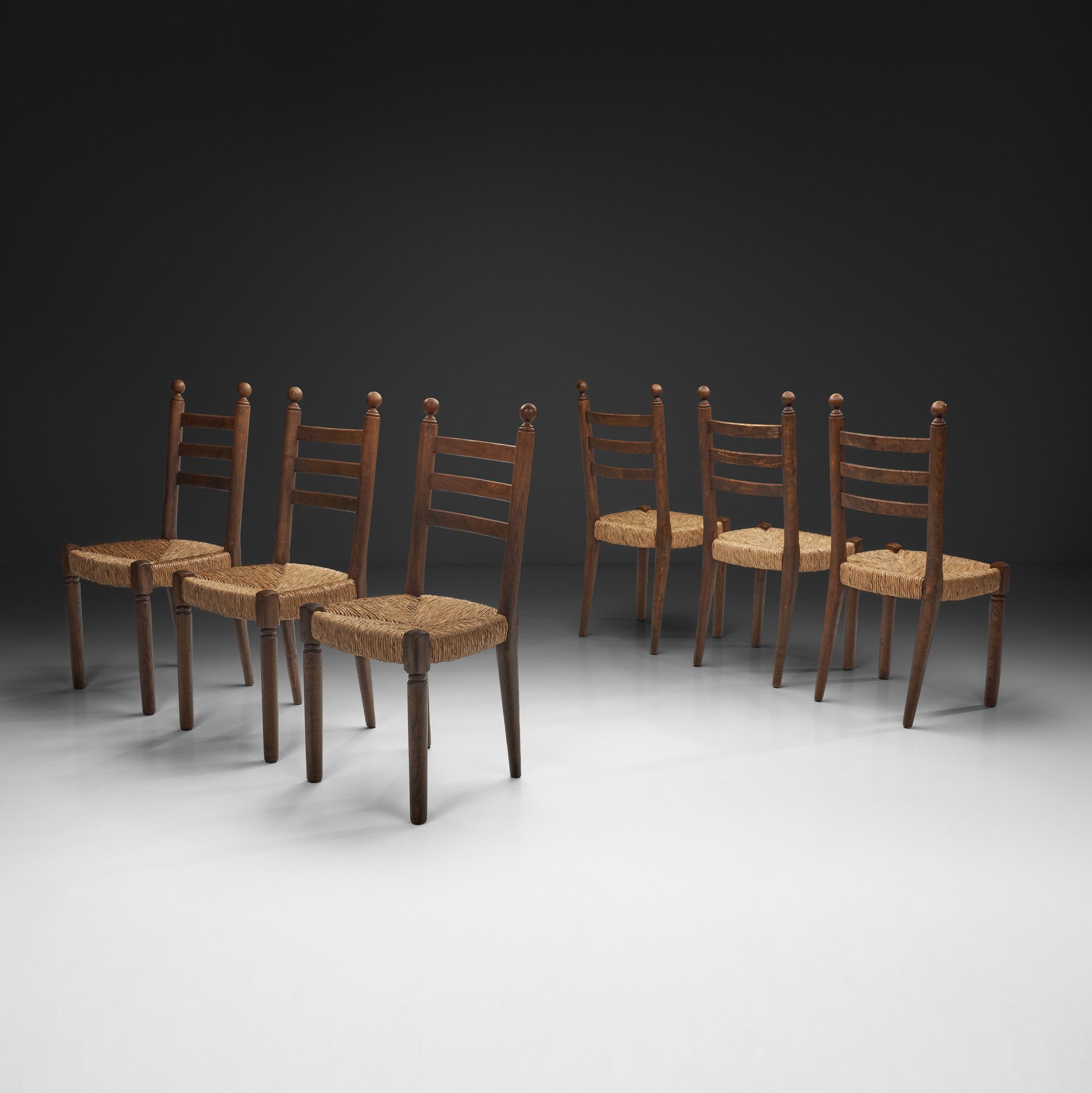Set of Six Wood and Woven Rush Dining Chairs in the manner of Charles Dudouyt, France Mid-20th Century