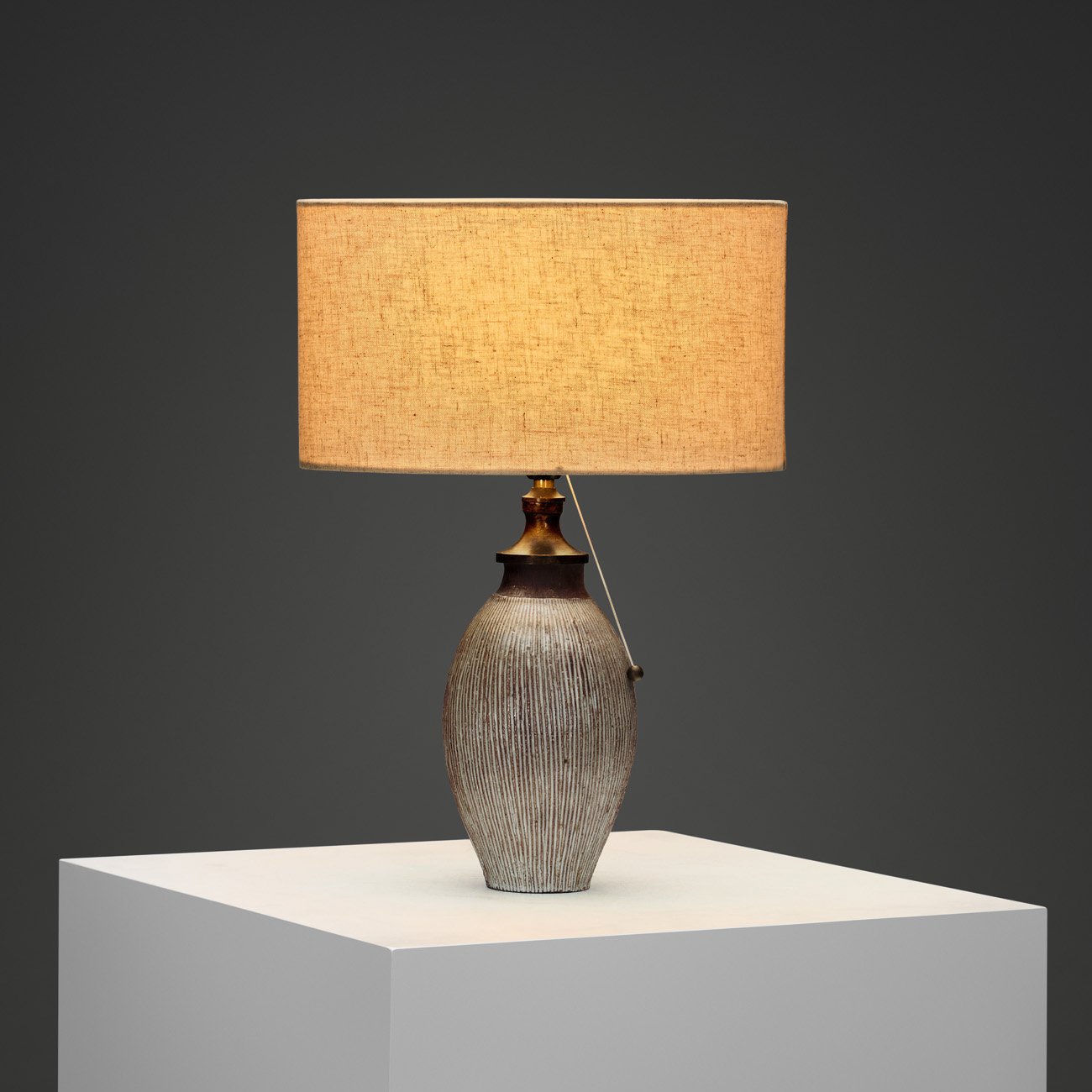 Ceramic Table Lamp with White Glazed Grooves by Lisbeth Munch-Petersen, Denmark ca 1940s