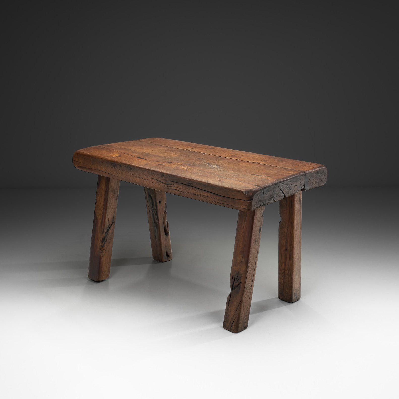 Handcrafted Brutalist Solid Oak Side Table, the Netherlands 1970s