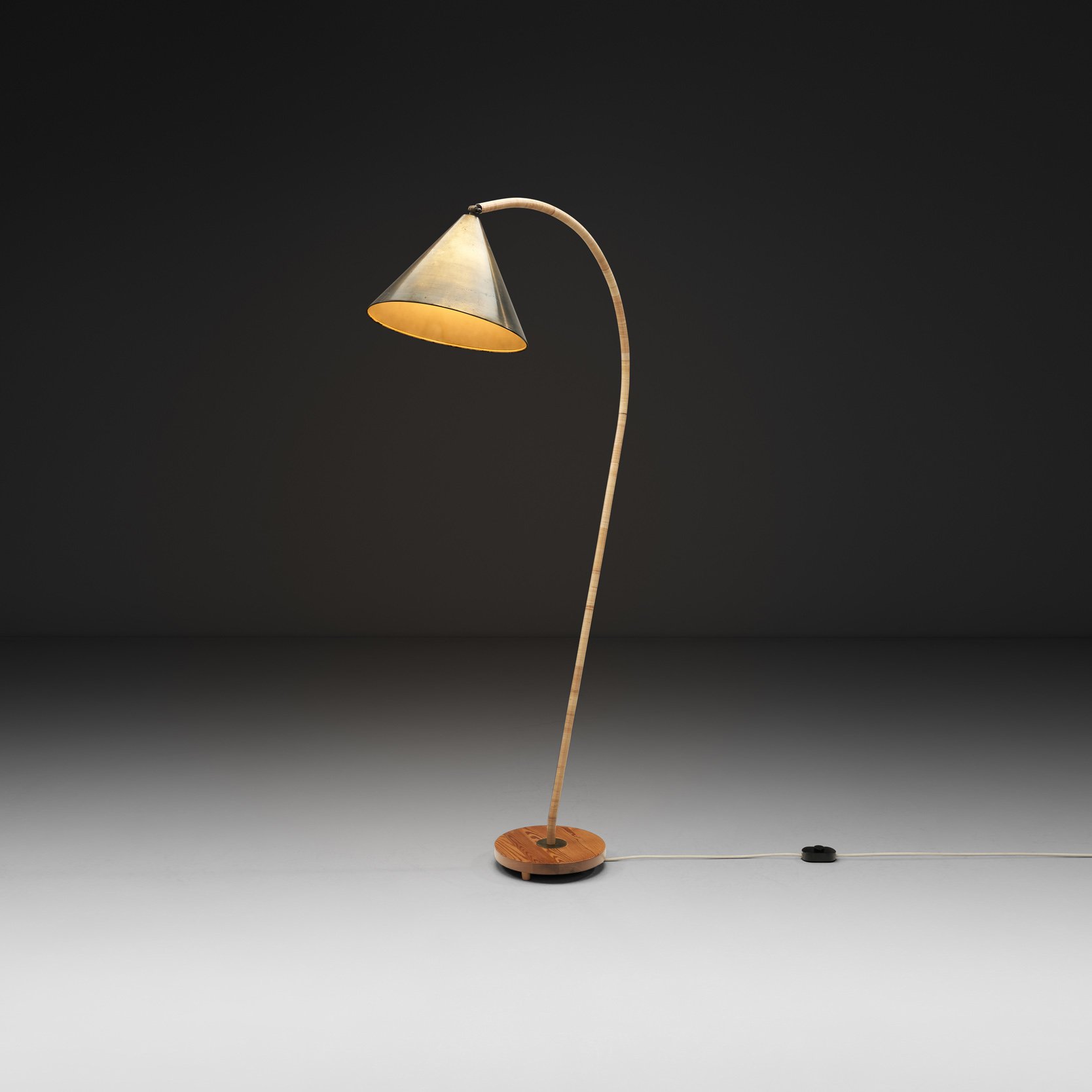 Wicker Wrapped Floor Lamp with Brass Triangle Cone Shade, Denmark ca 1950s