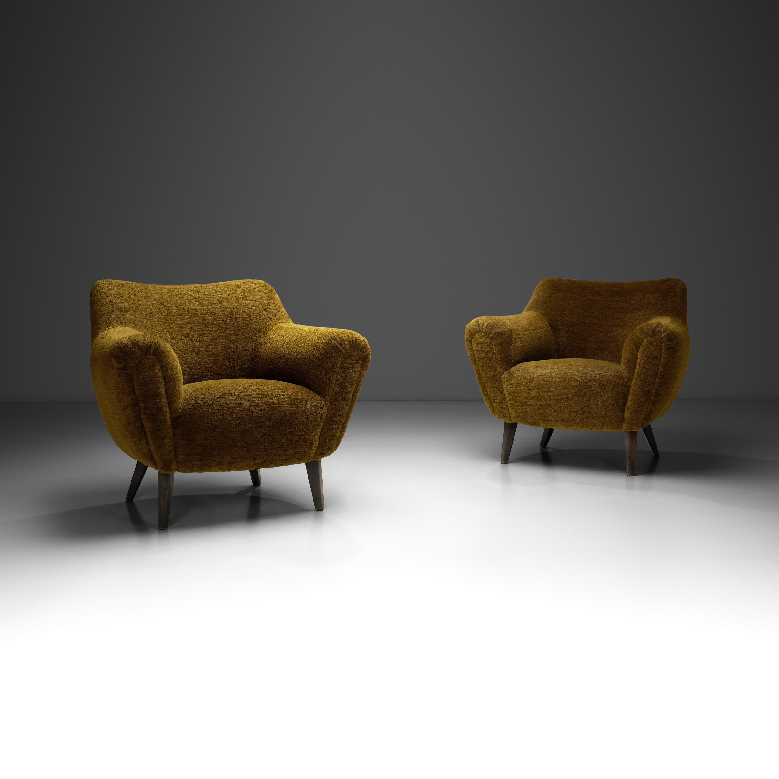 Pair of Olive Green Lounge Chairs with Angled Legs, Czechoslovakia ca 1970s (sold)