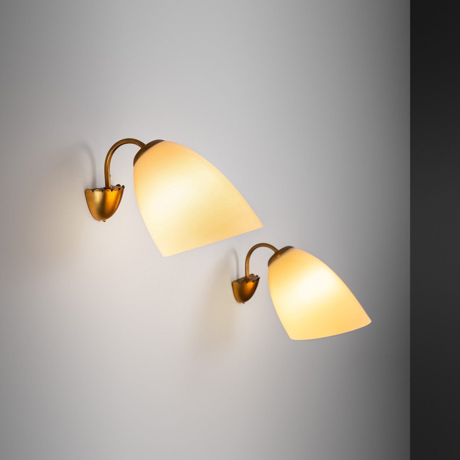 A Pair of Brass and Opal Glass Wall Lamps, Finland ca 1960s (sold)