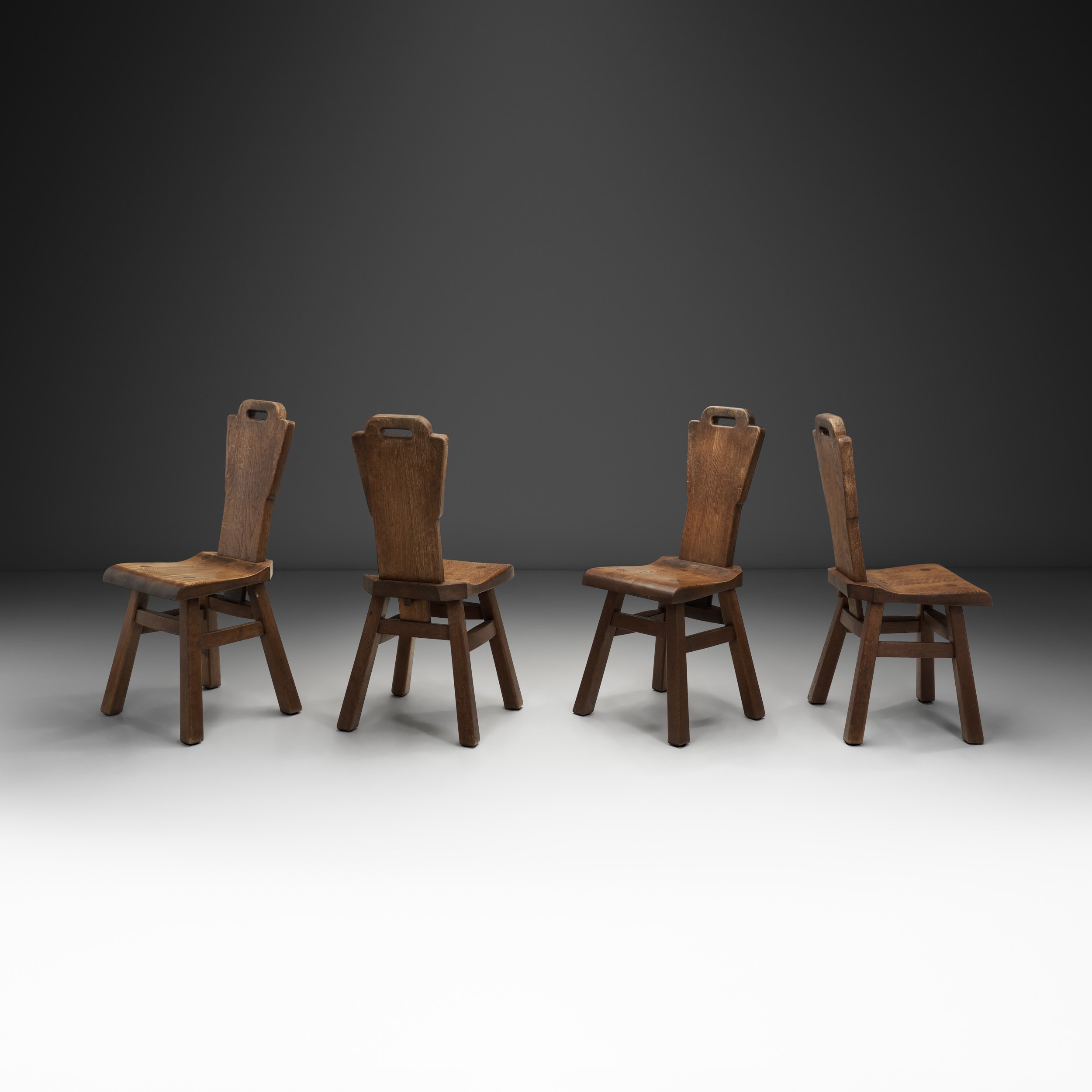 Set of Four Belgian Brutalist Chairs in Heavy Oak, Belgium 1970s