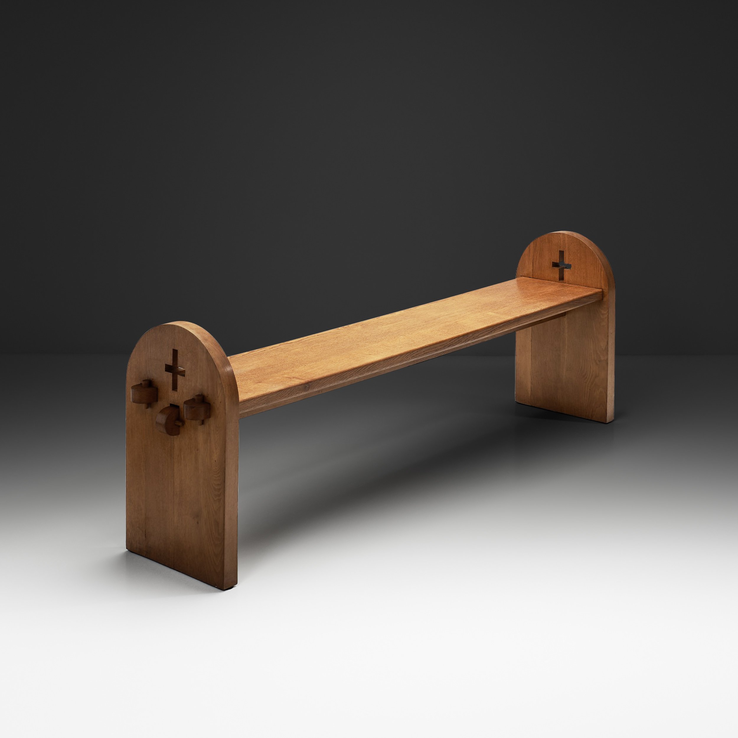 Large Solid Oak Bench With Side Detailing, Europe Mid-20th Century