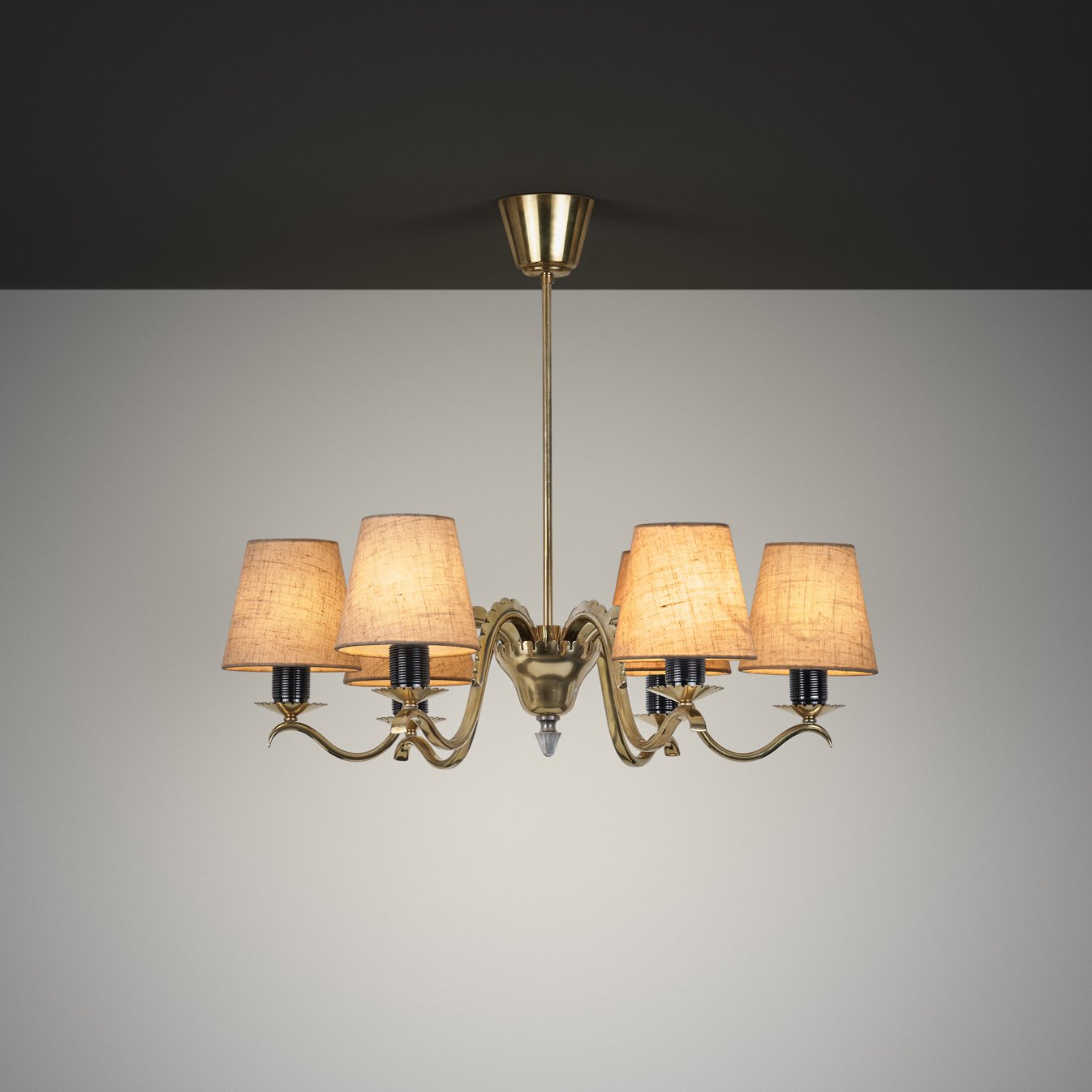 Six-Armed Brass Chandelier by Harald Notini (Attr.) for Böhlmarks, Sweden 1940s