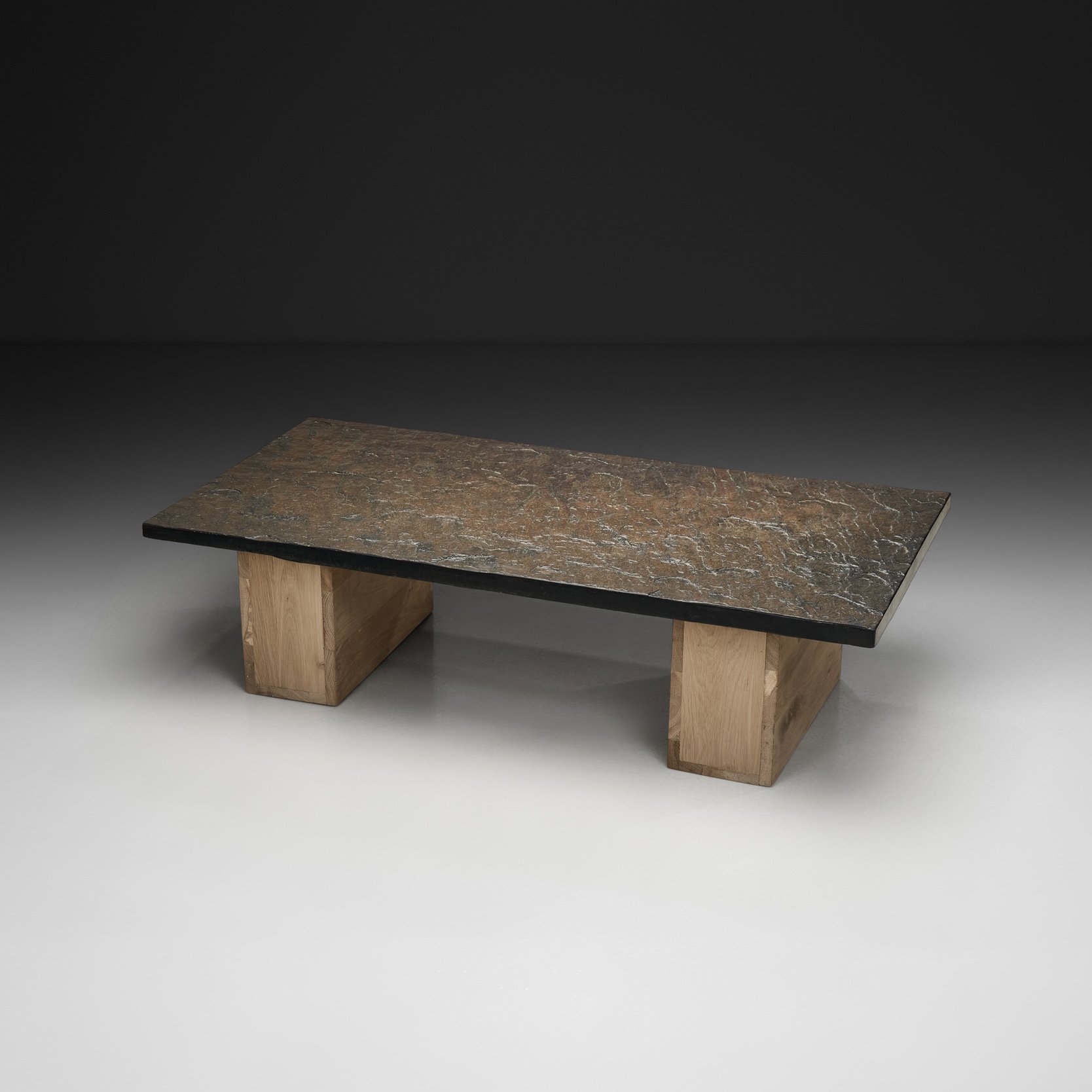 Brutalist Stone Coffee Table with Double Oak Base, Europe Mid-20th Century