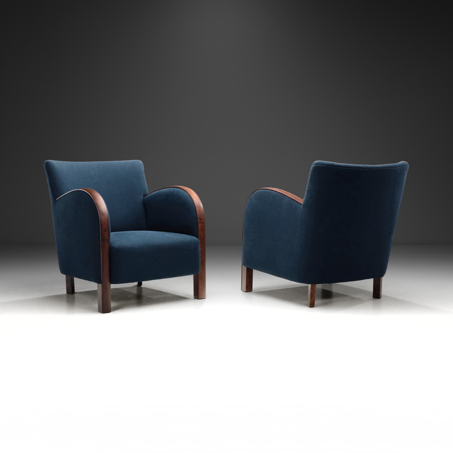 Pair of Art Deco Armchairs in Blue Upholstery, Europe 1930s (sold)