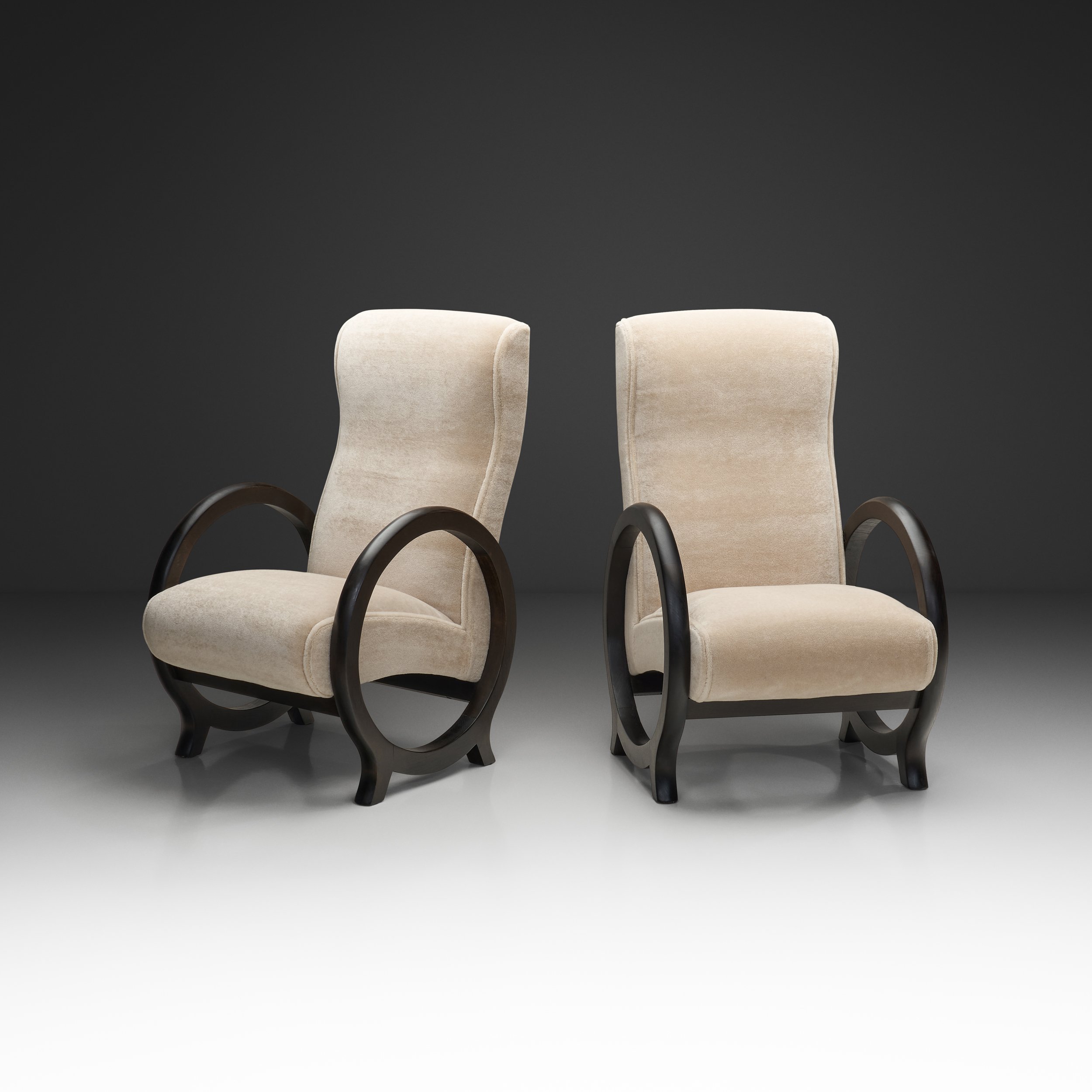 Pair of Armchairs in Off-White Mohair with Circular Armrests by Rosello Paris, France 1970s