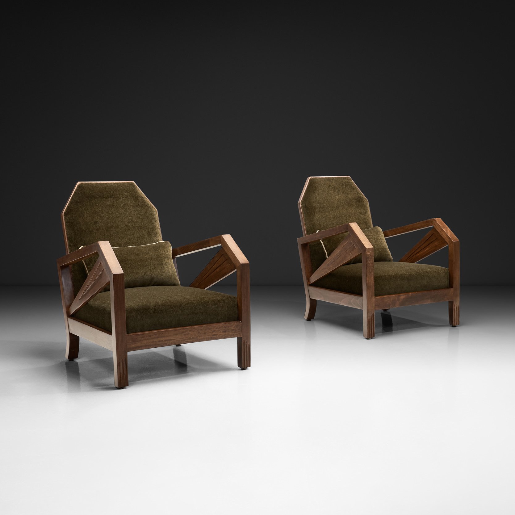 Pair of Geometric Art Deco Armchairs with Beech Frames, France 1930s