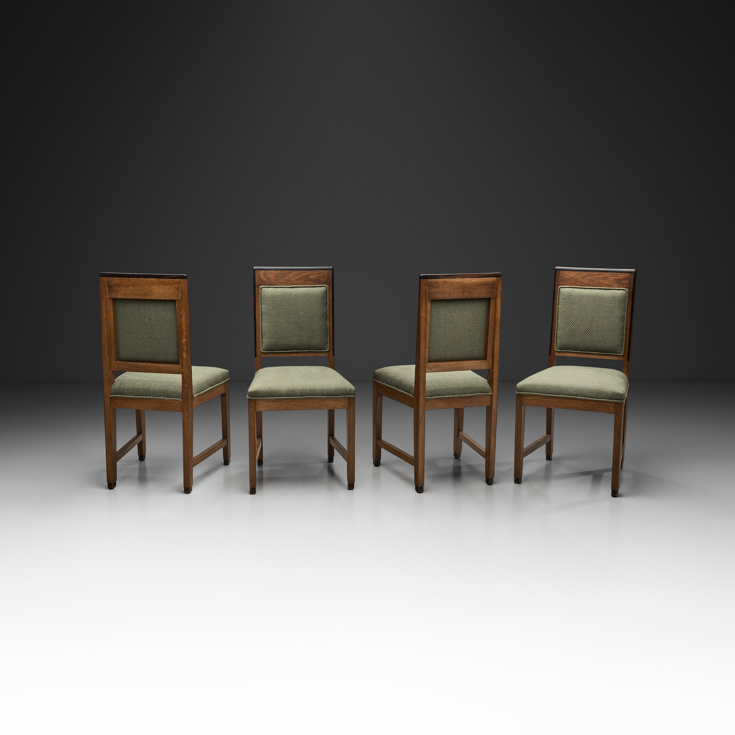 Set of Four Amsterdamse School Dining Chairs with Green Upholstery, The Netherlands ca 1920s