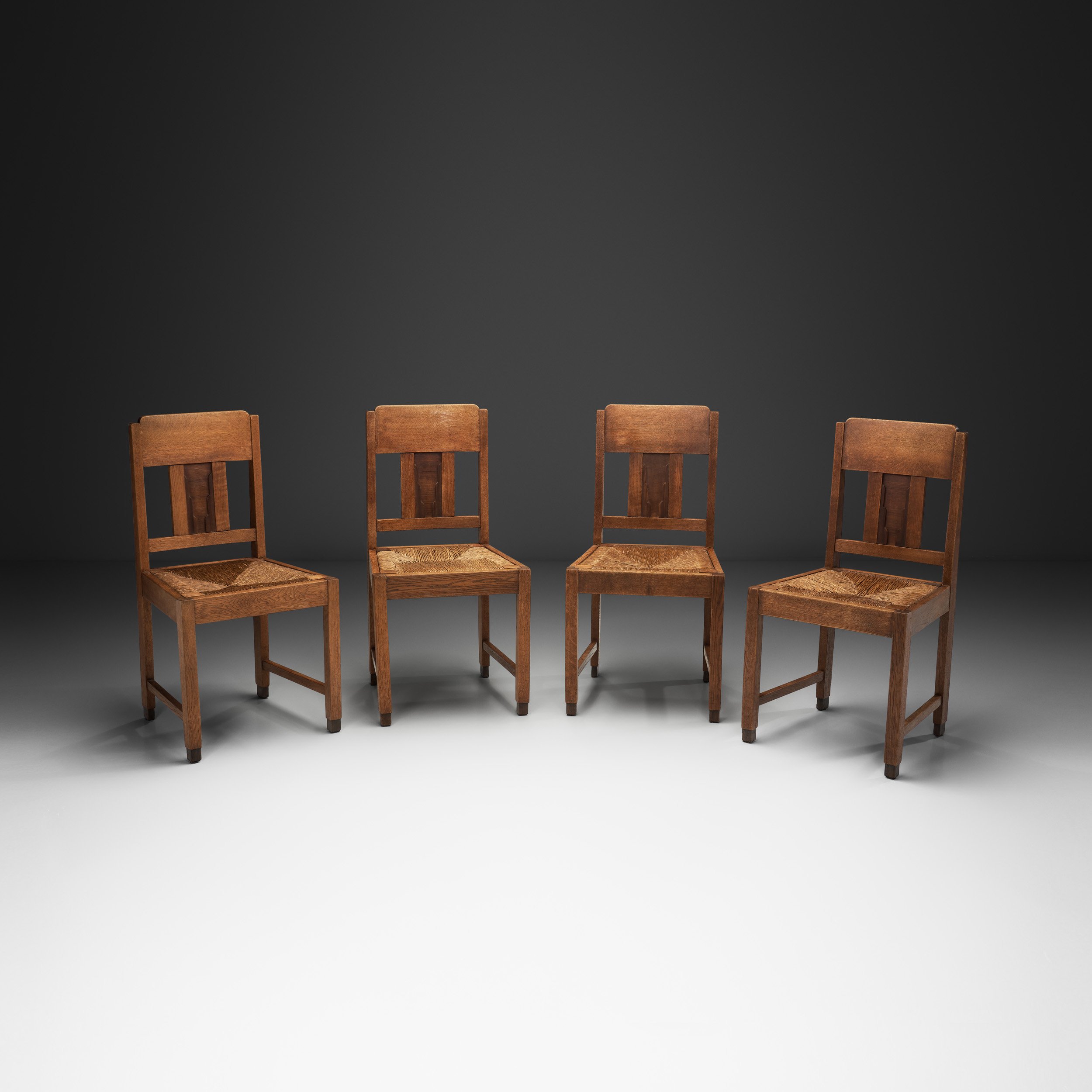 Set of Four Panel-Back Dining Chairs with Woven Rush Seats, Europe Mid-20th Century