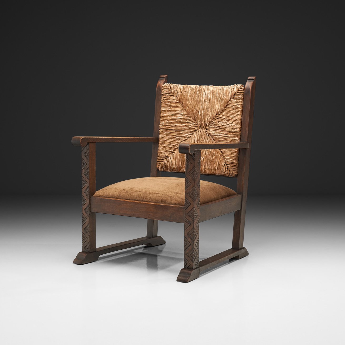 Brutalist Oak and Rush Armchair with Upholstered Seat, Spain 1950s