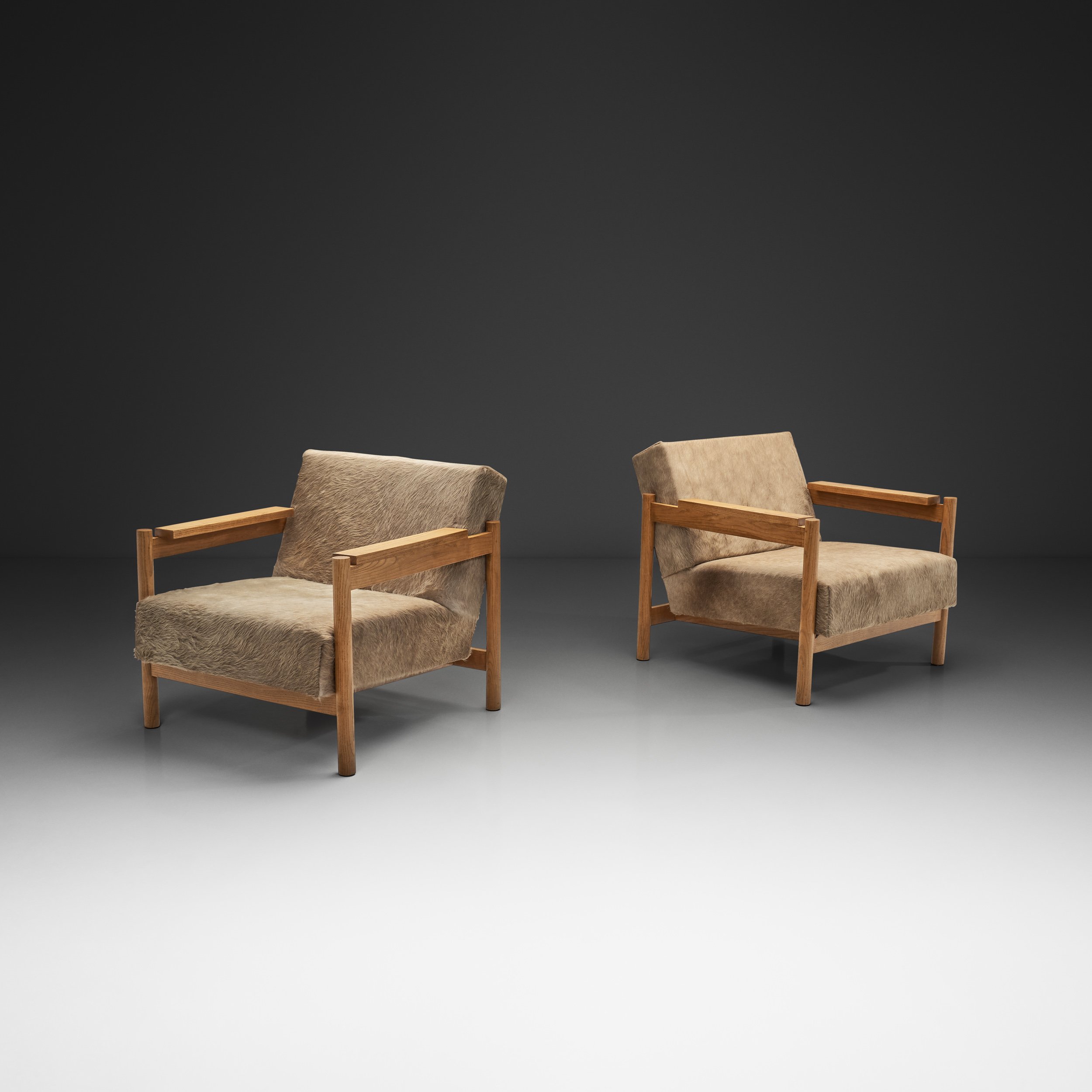 Pair of Oak Armchairs in Champagne Ponyskin by Wim den Boon, the Netherlands 1960s